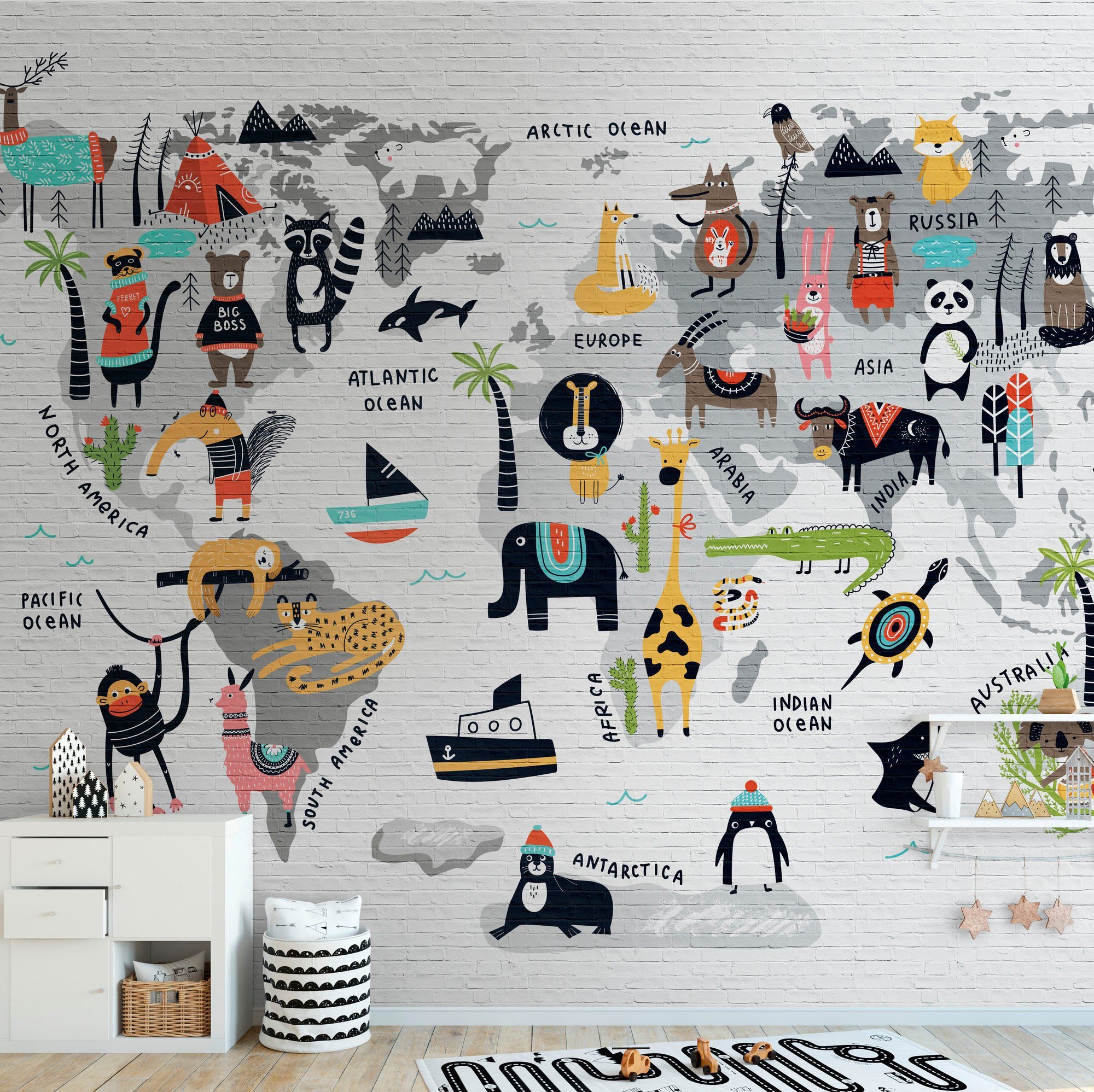 living walls Kindertapete The Wall, glatt, mehrfarbig, animal print, Motiv, Fototapete Tiere Tapete Weltkarte Tapeten Kinderzimmer Design Optik