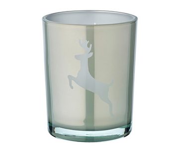 EDZARD Windlicht Loki left, Windlicht, Kerzenglas mit Rentier-Motiv in Grau-Weiß, Teelichtglas für Teelichter, Höhe 13 cm, Ø 10 cm