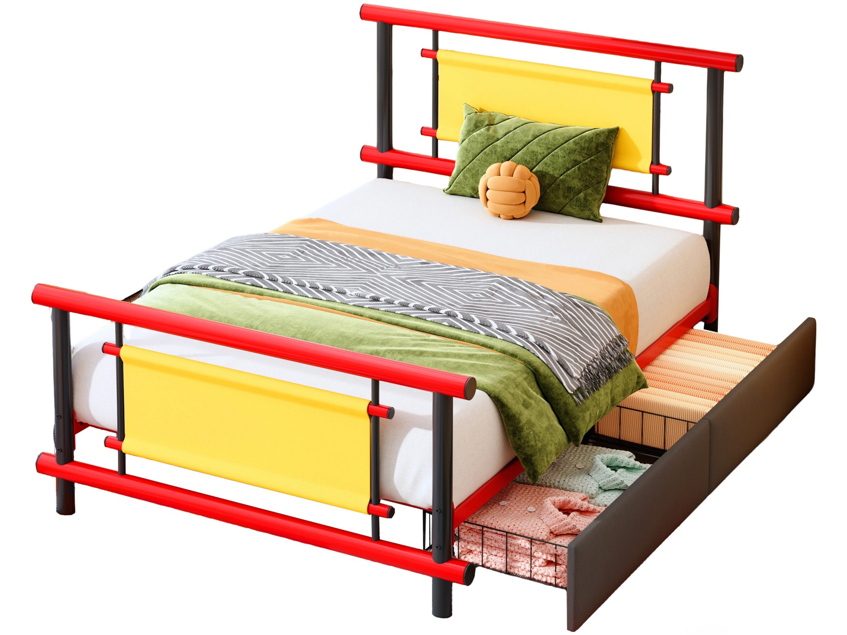 SeedWave Metallbett Stabiles Kinderbett mit Leuchtenden Kontrastfarben, Rollenschubladen, 90×200cm Einzelbett mit glatten Sicherheitskanten