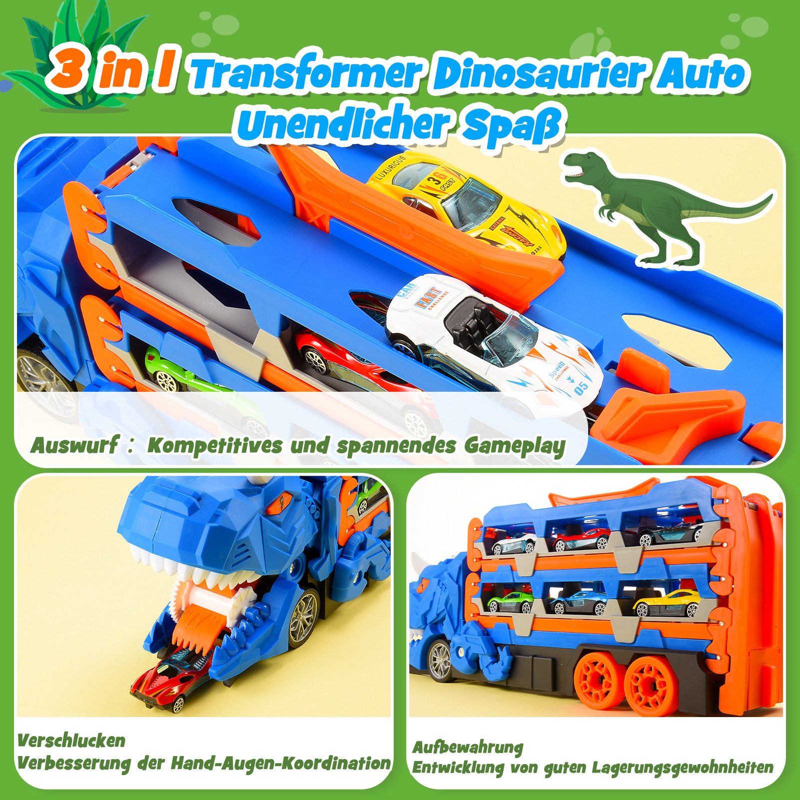 Wootoy Spielzeug-Transporter 3-in-1 Dinosaurier-Transporter mit Rennstrecke und Spielzeugautos, (Platz für bis zu 18 Spielzeugautos, 7-tlg., Komplettes Set inklusive Transporter 6 Spielzeugautos und Rennstrecke), Ausklappbare Rennstrecke mit ca. 150 cm Länge