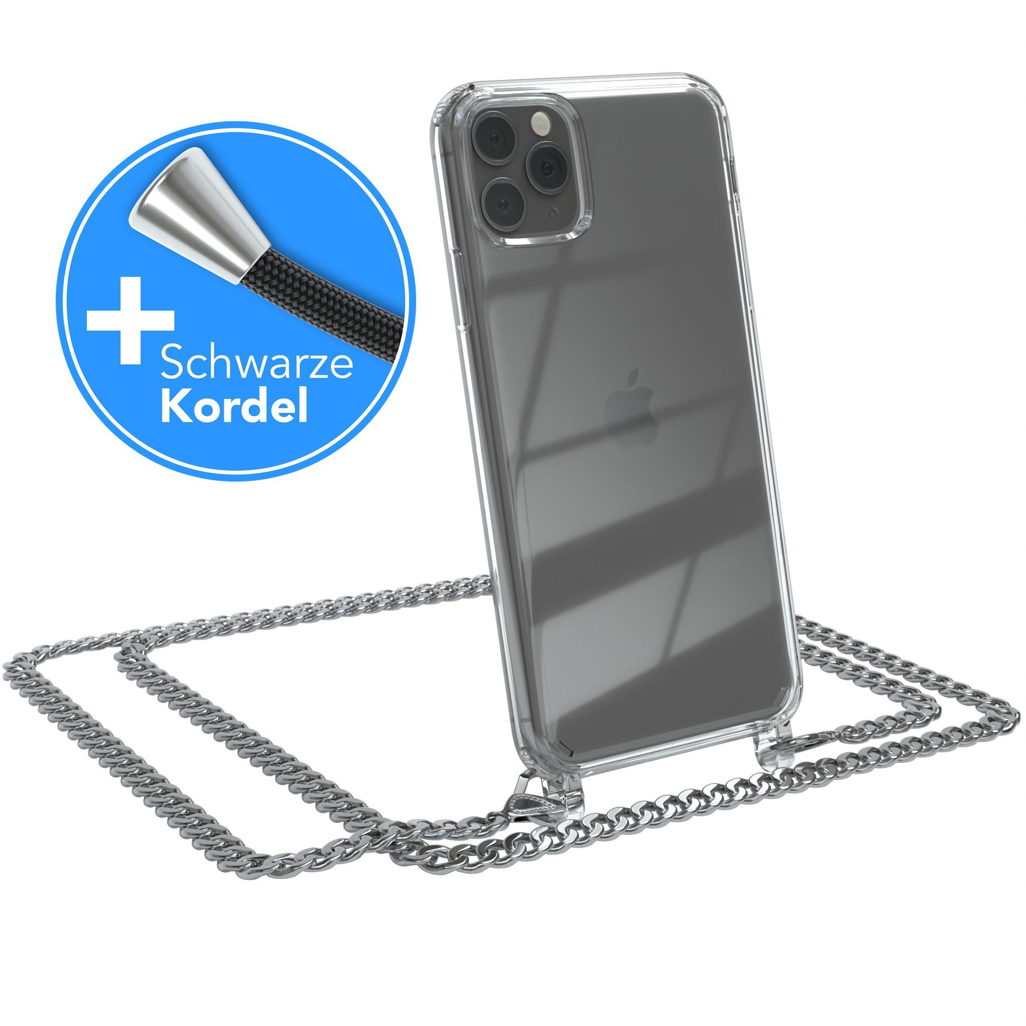 EAZY CASE Handykette 2in1 Metallkette für Apple iPhone 11 Pro Max 6,5 Zoll, Hülle mit Kette Metallkette Slimcover Handykette Umhängetasche Silber
