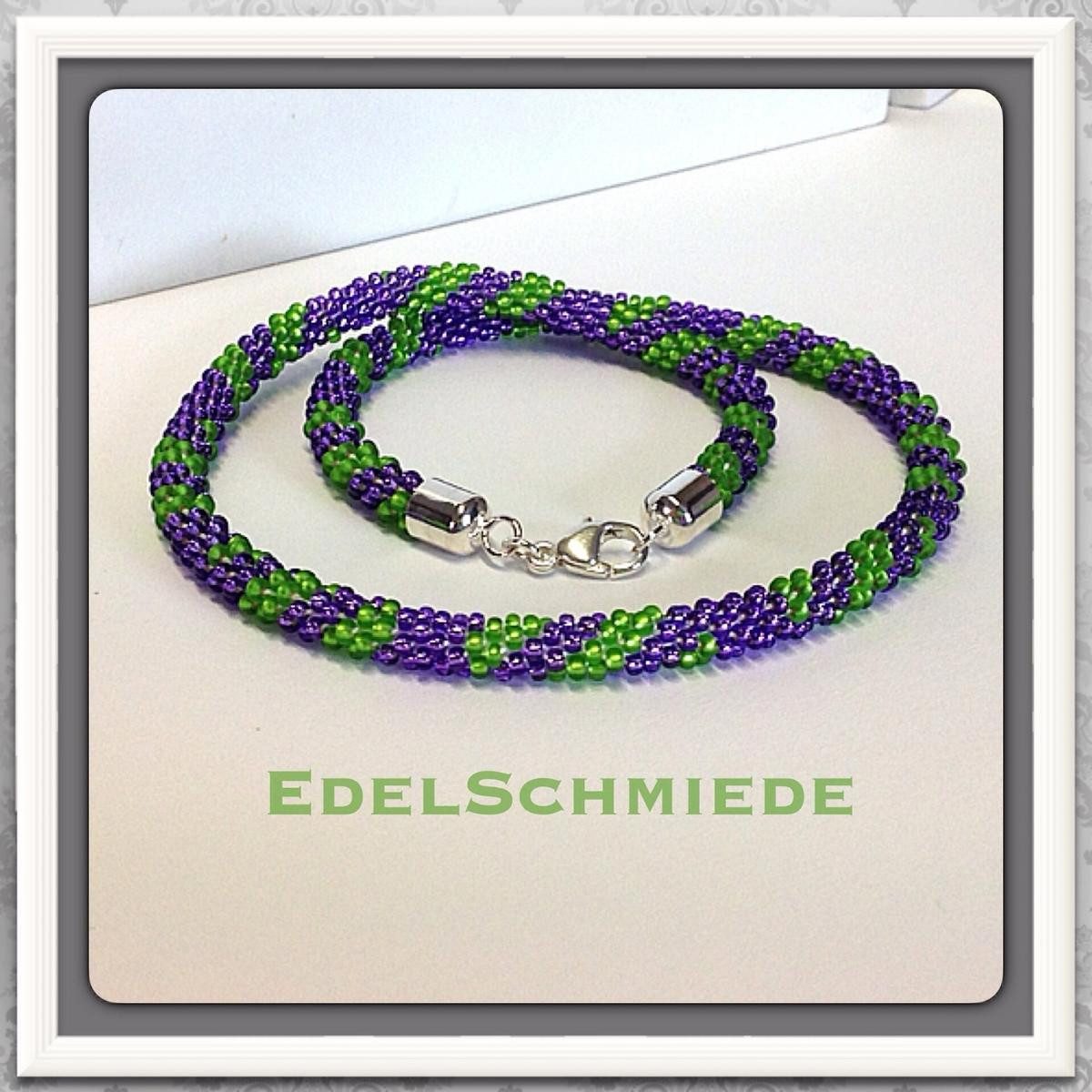 Kette ohne Anhänger Häkelkette, Lila und Grün mit 925/- Verschluß