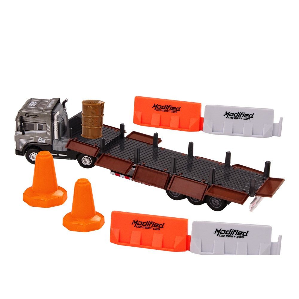 LEAN TOYS Anhänger Sattelzug Lastwagenmodell Baustellenset, Spar-Set, 1-tlg., 38 x 8 x 6 cm beleuchtet, Licht & Sound, Maßstab 1:24, öffnende Seitenklappen