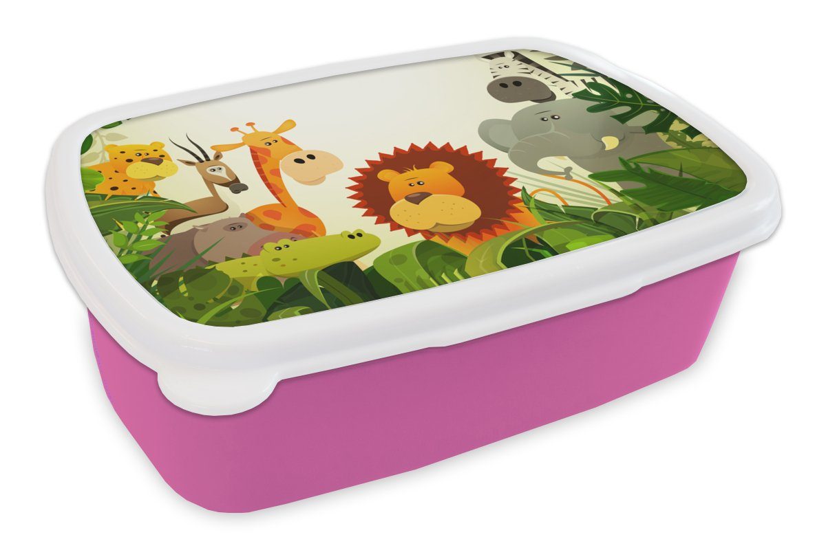 MuchoWow Lunchbox Dschungel - Schlange Jungen Snackbox, Baby Kunststoff - Pflanzen für - Kunststoff, Mädchen, - -, Kinder, rosa - (2-tlg), Brotdose Mädchen Erwachsene, - Brotbox Löwe