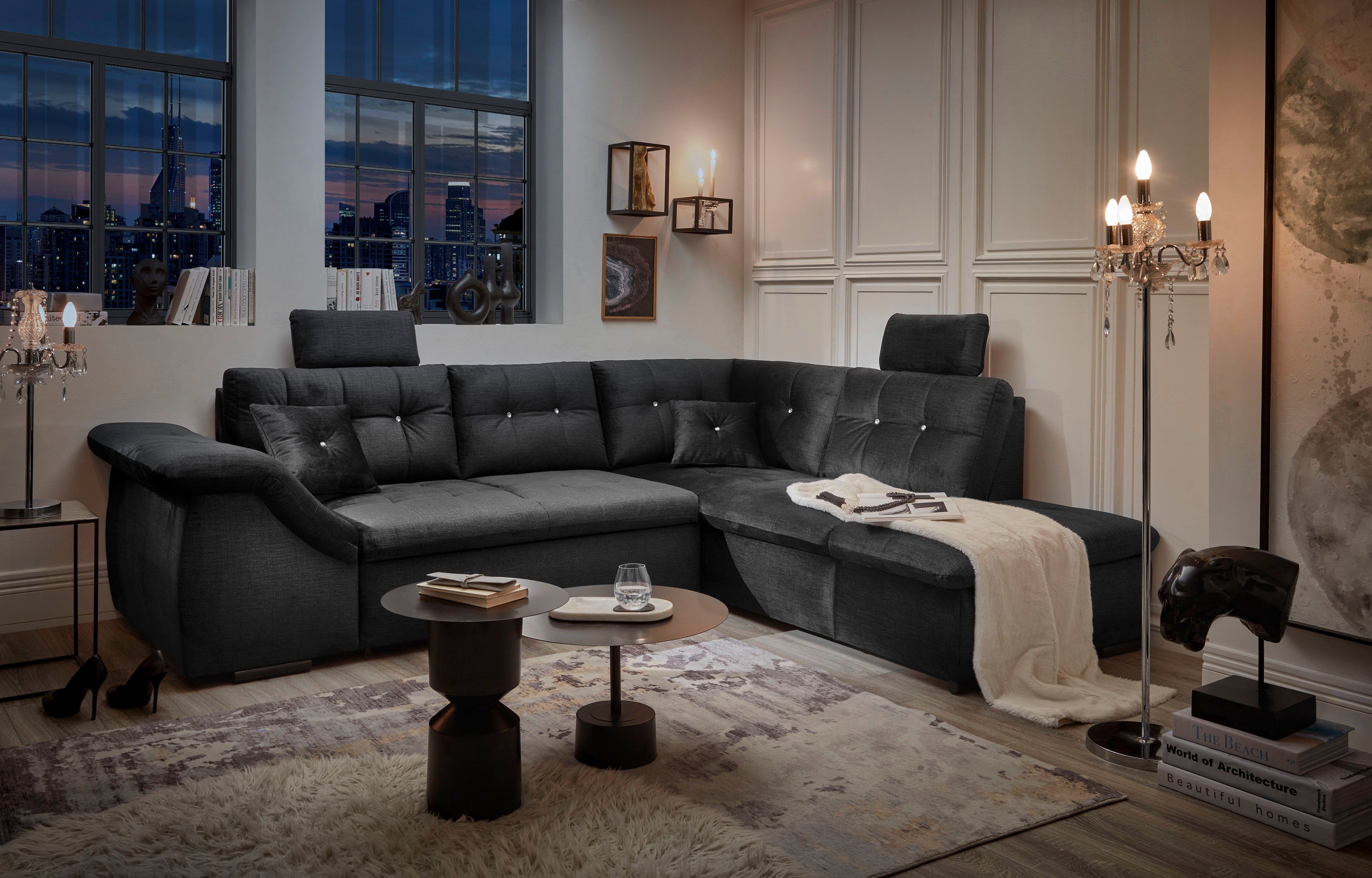 ED EXCITING DESIGN Ecksofa Bolonia, frei im Raum stellbar, mit Bettkasten, mit Schlaffunktion schwarz