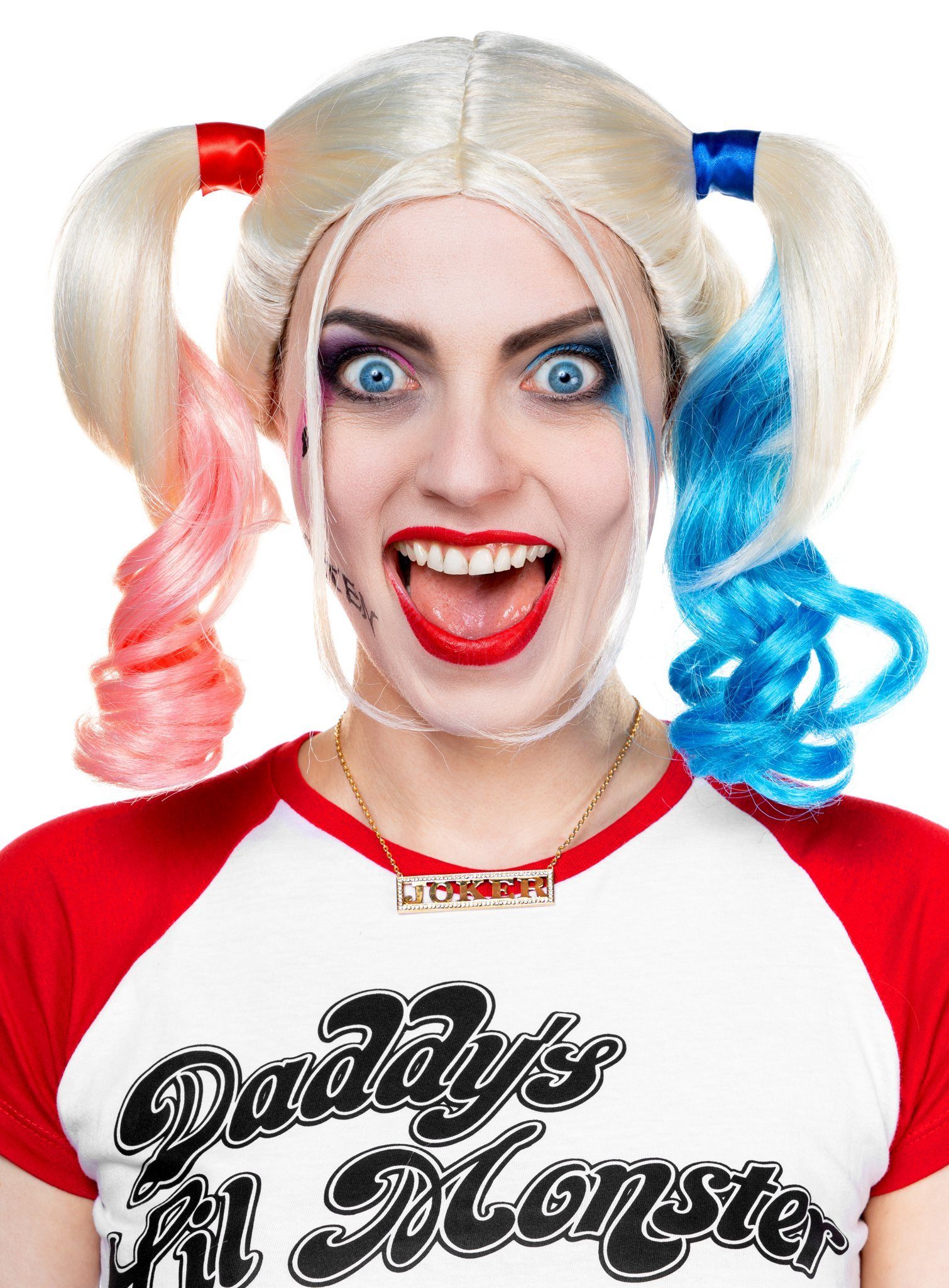 Metamorph Kostüm-Perücke Suicide Harley Girl - Kostüm Perücke für Fasching, Hochwertige Harley Perücke mit festen Zöpfen