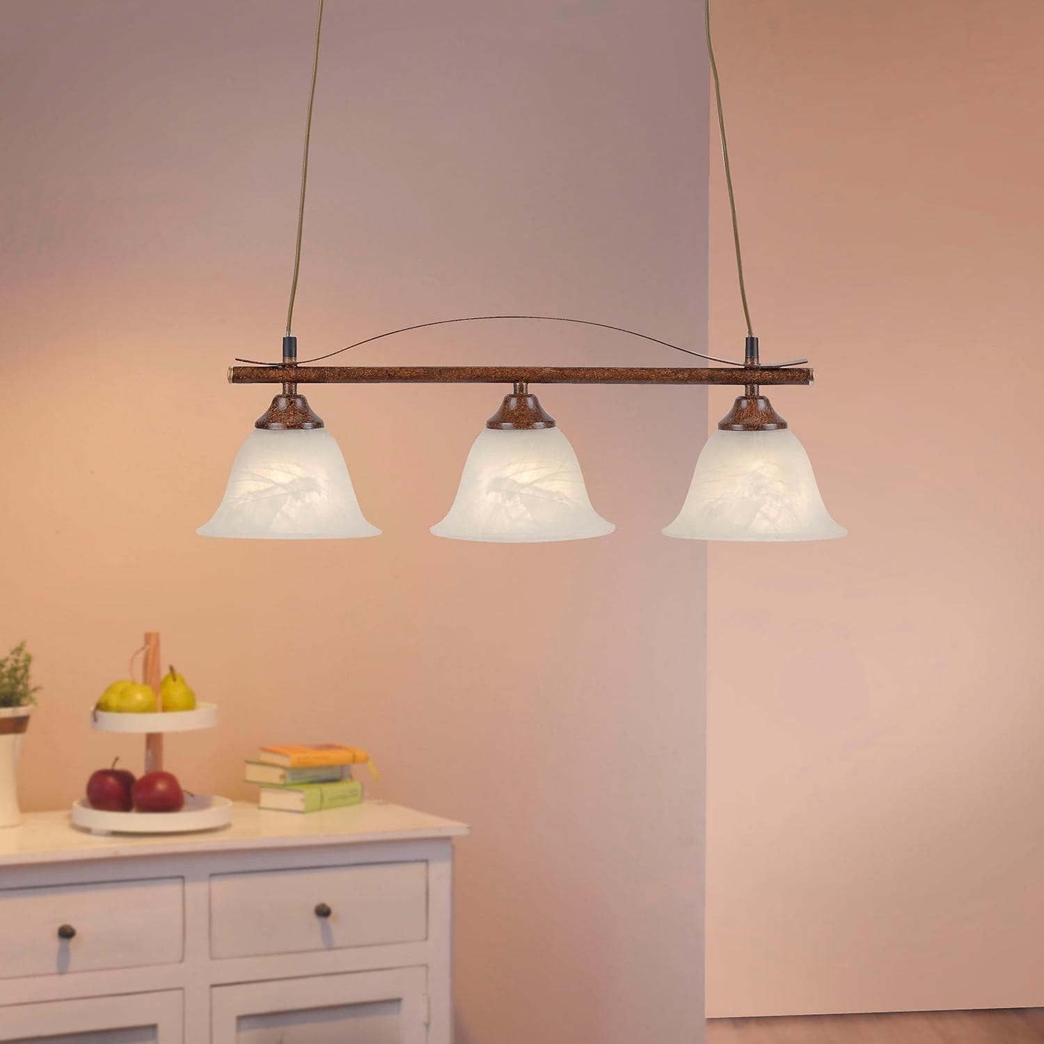 JUST LIGHT Pendelleuchte NELLY, 3-flammig, Rostfarben, Weiß, Stahl, ohne Leuchtmittel, Lampenschirme aus Alabasterglas, B 56 x H 120 x T 16 cm