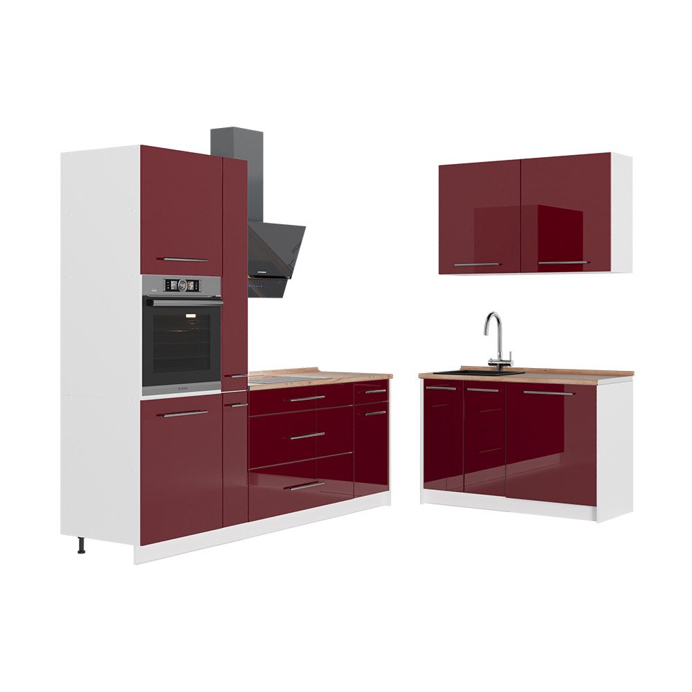 Vicco Winkelküche Fame-Line, Bordeaux Hochglanz/Weiß, 220 x 120 cm, AP Marmor