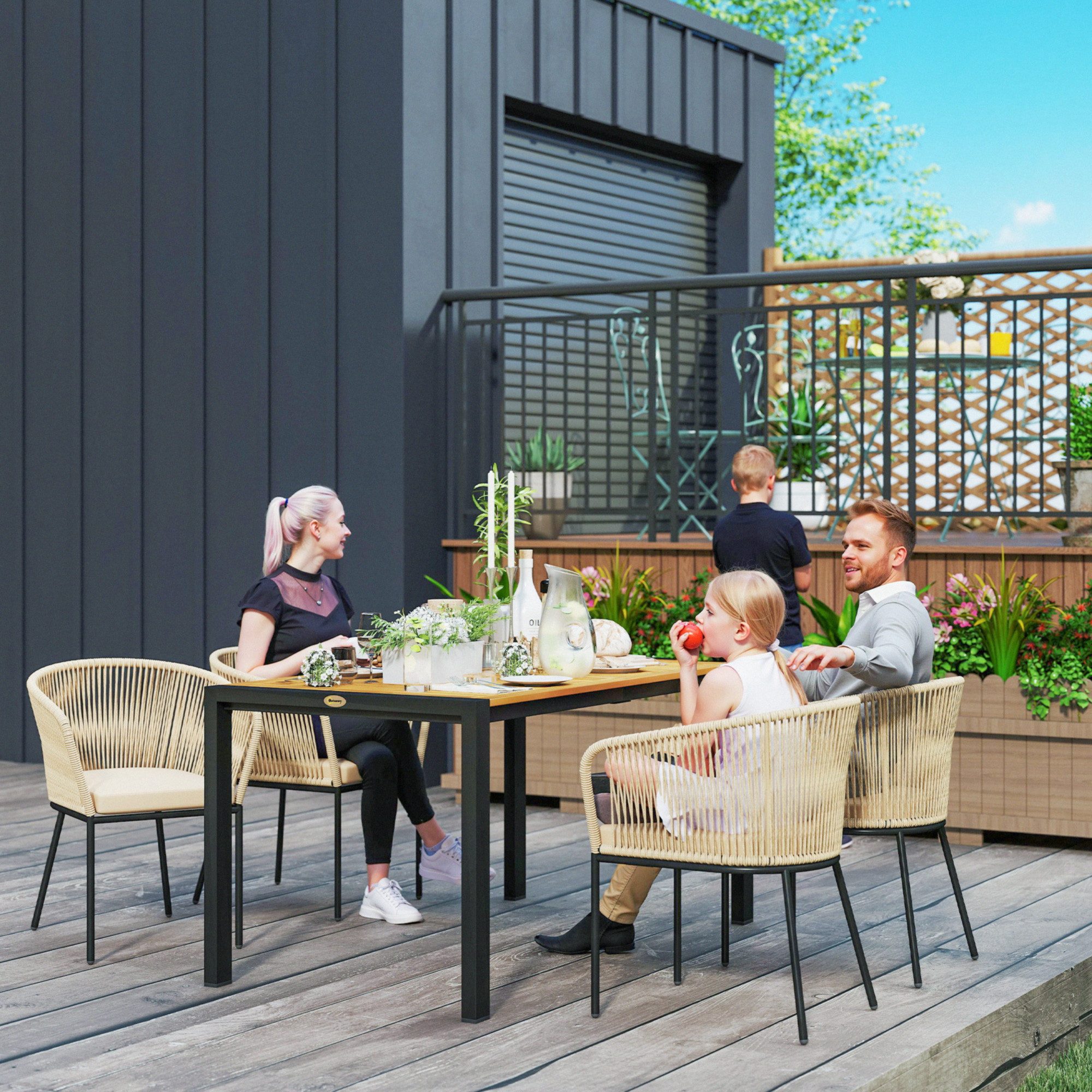 Outsunny Sitzgruppe mit Tisch, 4 Stühle, abnehmbar Sitzkissen, (wetterfest Balkonmöbel für 4 Personen, 5-tlg., 5-teiliges Polyrattan Gartenmöbel-Set), für Balkon, Garten, Naturholz+Khaki