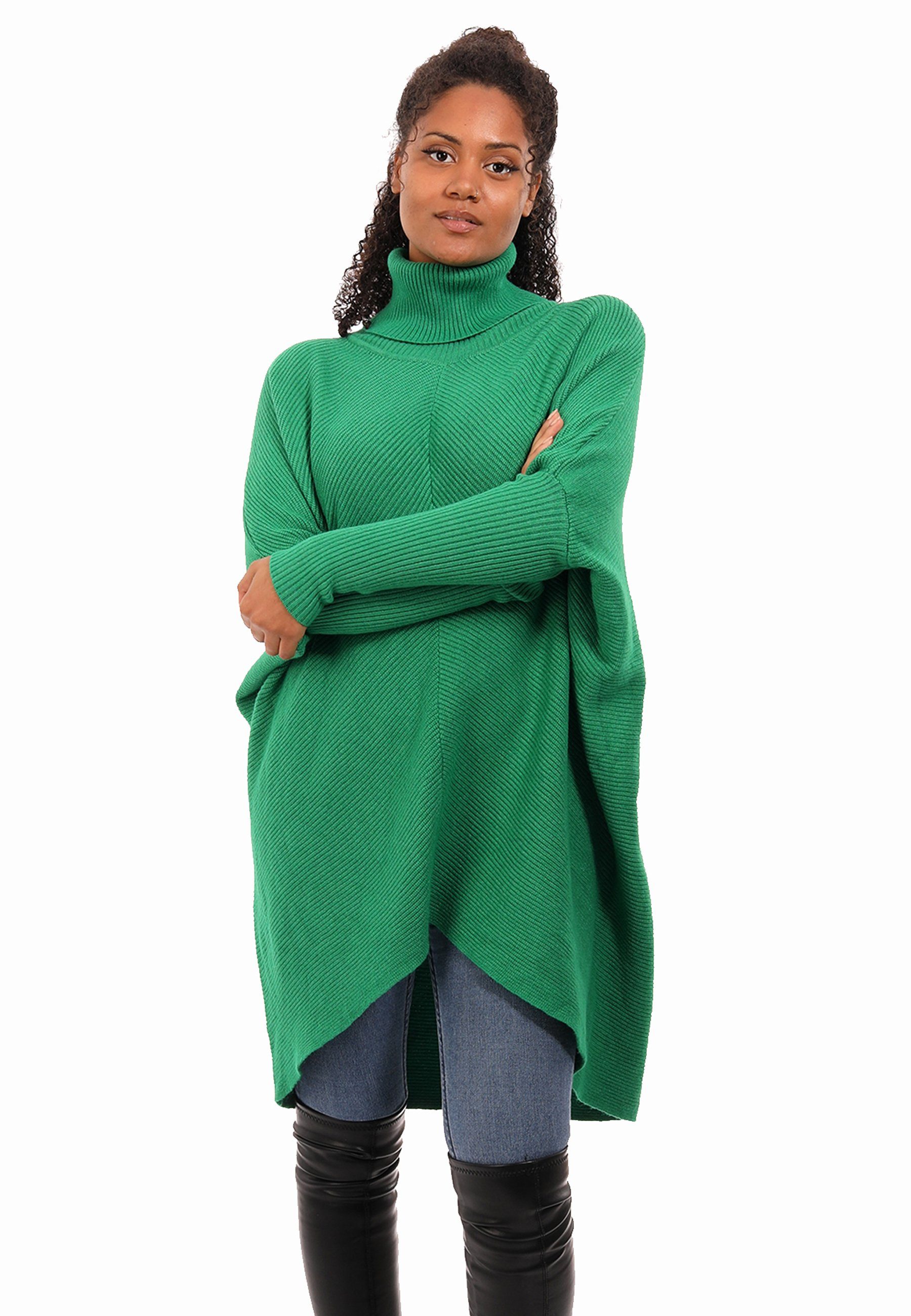 YC Fashion & Style Longpullover Strickpullover asymmetrisch Plus Size mit Rollkragen (1-tlg) in Unifarbe, mit überschnittenen Schultern grün