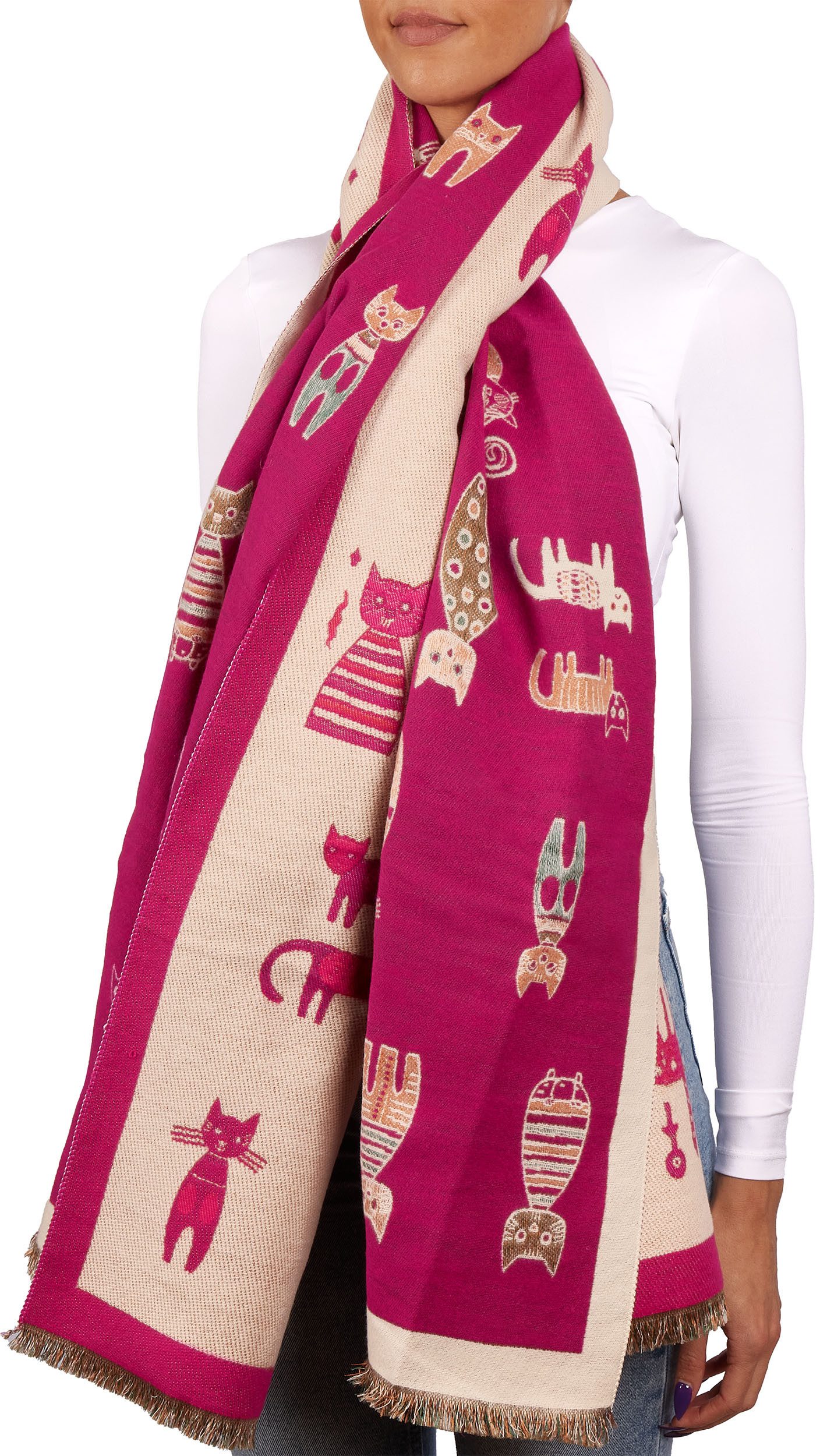 BRUBAKER Schal Cashmirillo Damen Schal mit Katzen Muster - 70 x 200 cm, (Herbstschal Winterschal, 1-St. Weiches Kaschmir-Gefühl), Warm, Kuschelig und Oversized - Damenschal für Herbst und Winter