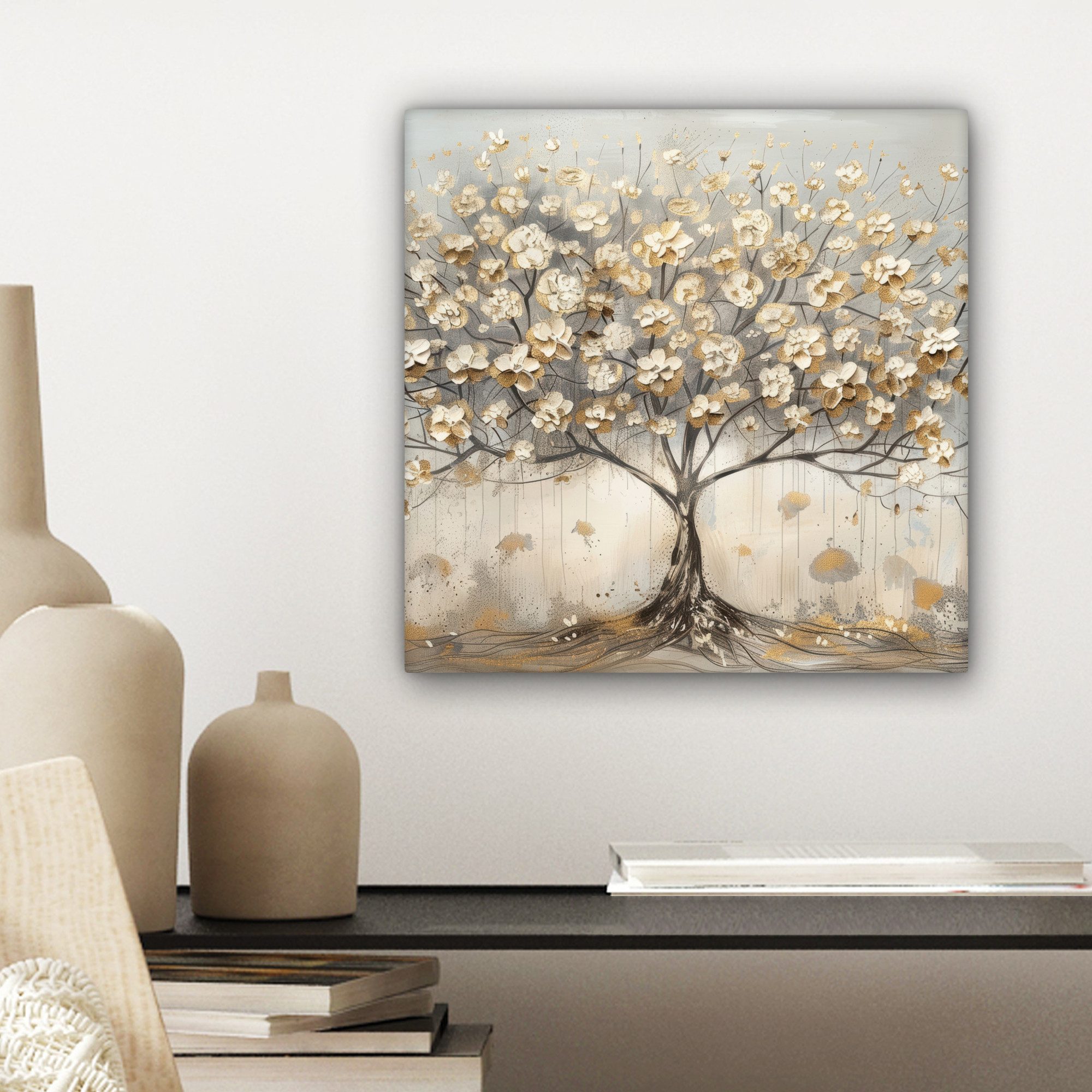 OneMillionCanvasses® Leinwandbild Baum - Beige - Gold - Farben Optik - Grau, Fotodruck (1 St), Wandbild, Deko Schlafzimmer Wohnzimmer Flur 20x20 cm