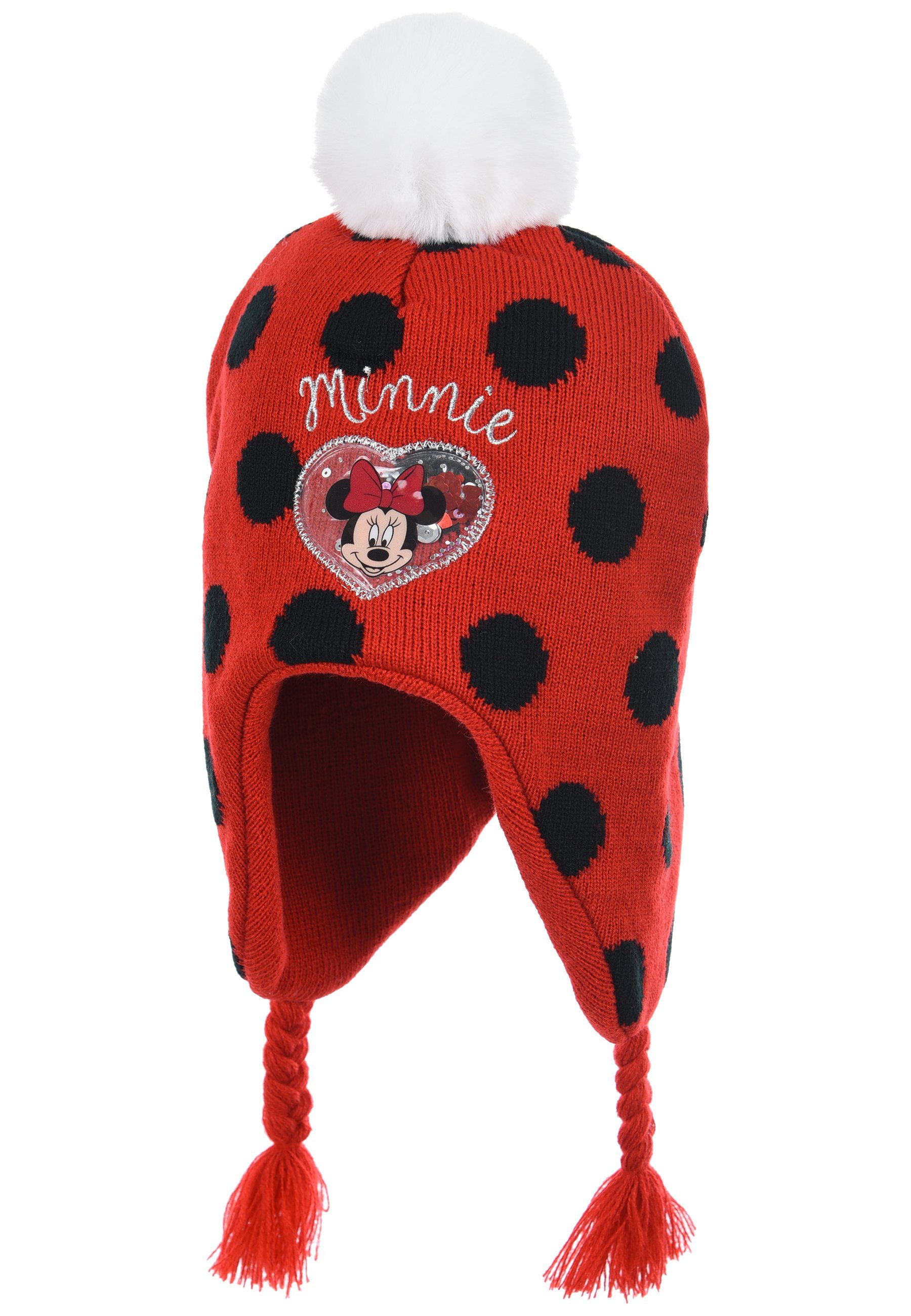 Disney Minnie Mouse Bommelmütze Mädchen Kinder Winter-Bommel-Mütze Rot