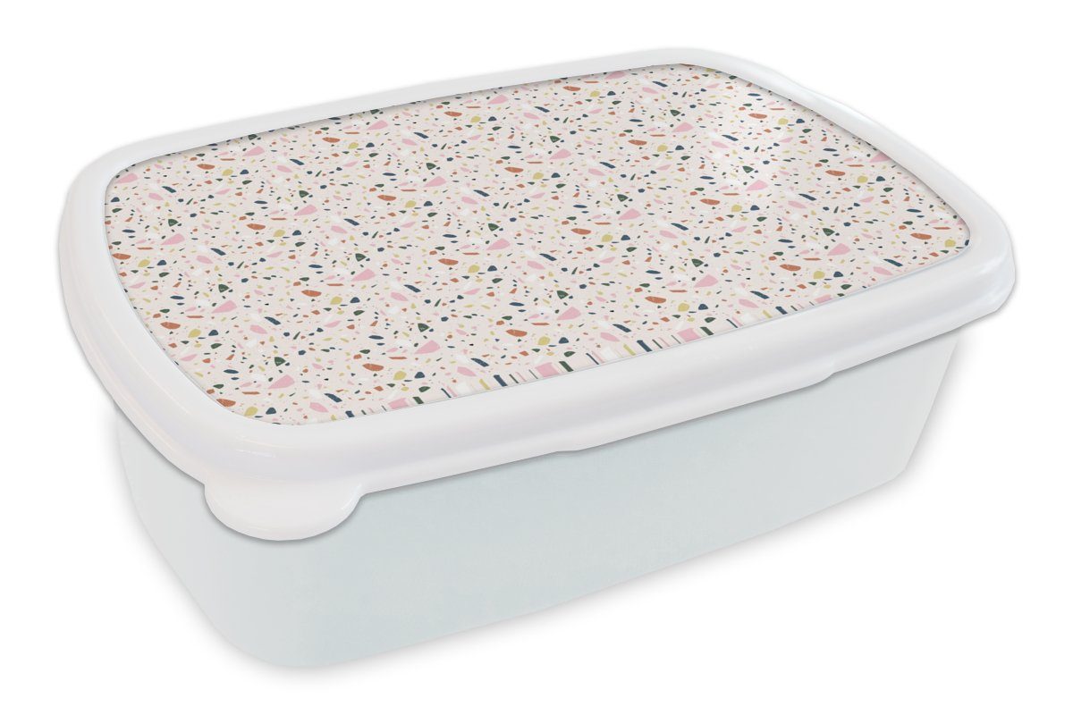 MuchoWow Lunchbox Lehm - Muster - Terazzo, Kunststoff, (2-tlg), Brotbox für Kinder und Erwachsene, Brotdose, für Jungs und Mädchen weiß