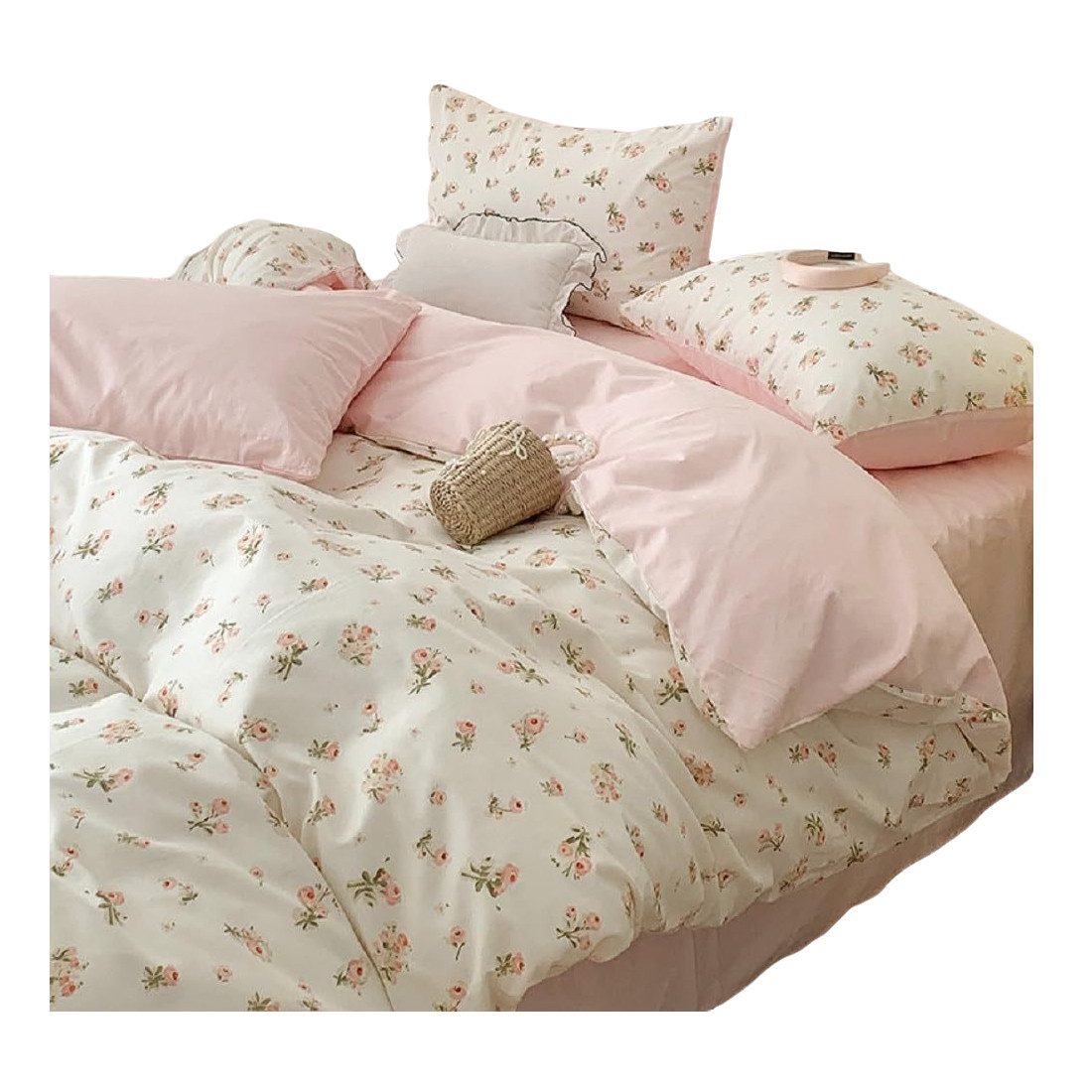 Agger Bettwäsche Wendebettwäsche Set Pink Weiß Blumen & Blätter – Aesthetic, 3 teilig, mit Reißverschluss, weiche moderne Bettbezug Garnitur für Schlafzimmer