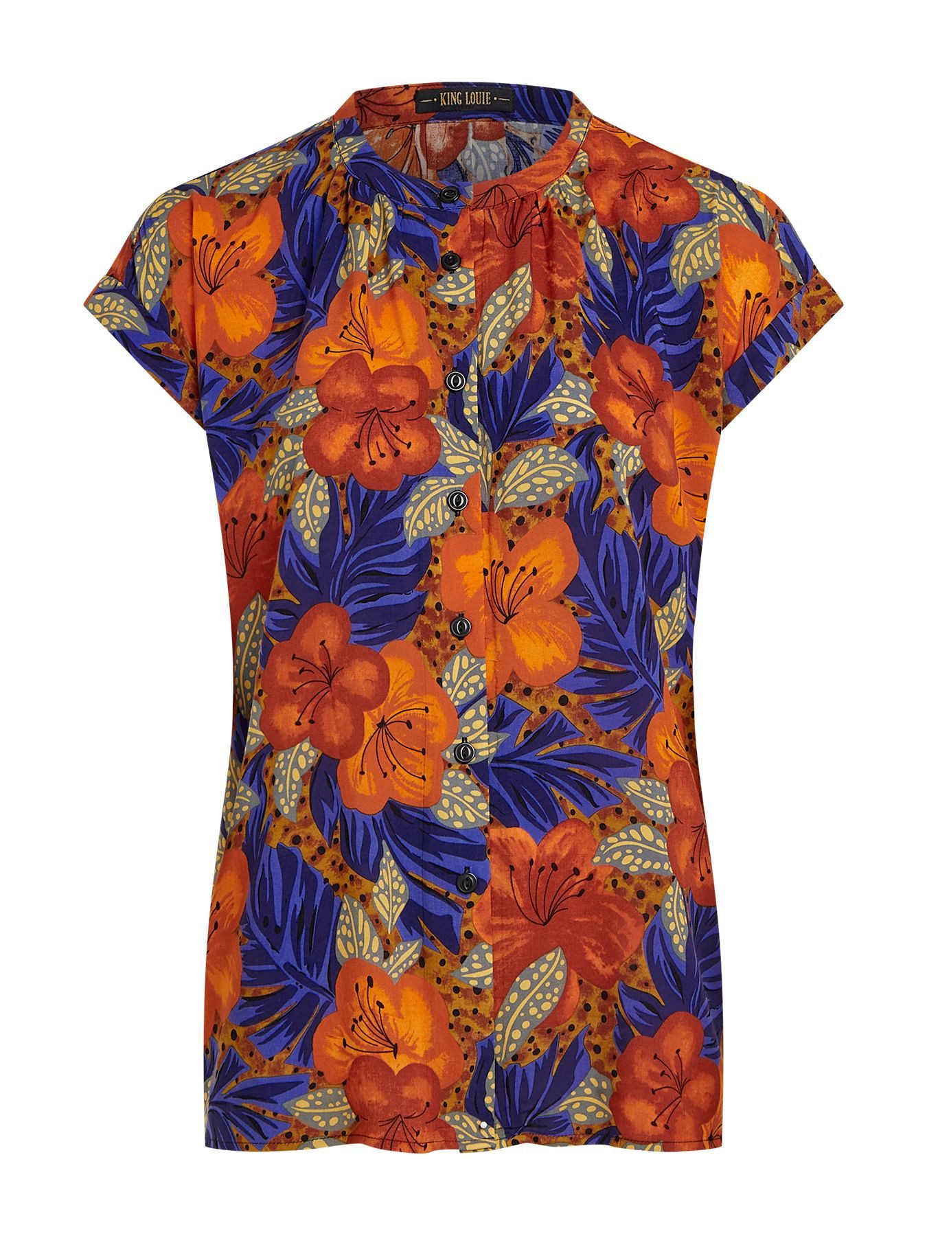 King Louie Kurzarmbluse ? Kurzarmbluse Damen ? florale Sommerbluse ? Viskosebluse mit Knopflei