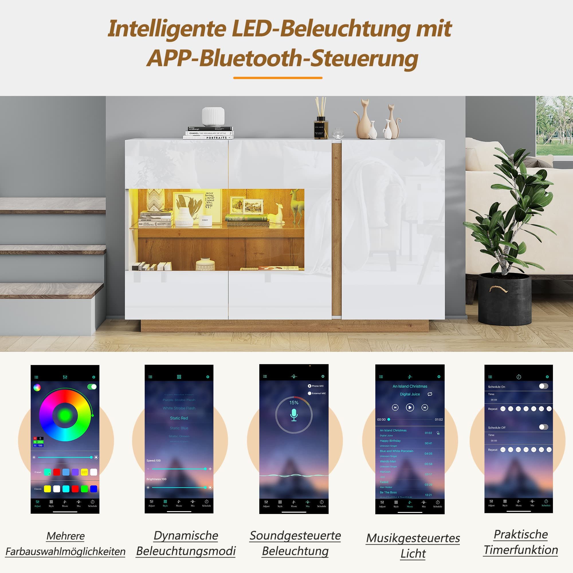 autolock Sideboard Kommode Hochglanz mit led Beleuchtung Holzsockel (138*38*90,5cm), Flurschrank Anrichte Küchenschrank Aufbewahrungsschrank