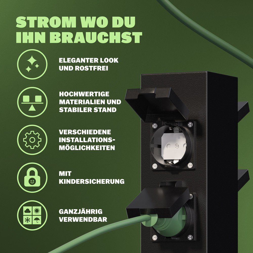 monzana Gartensteckdose, 4-fach IP44 Metallspieß Witterungsbeständig Garten Edelstahl Schwarz