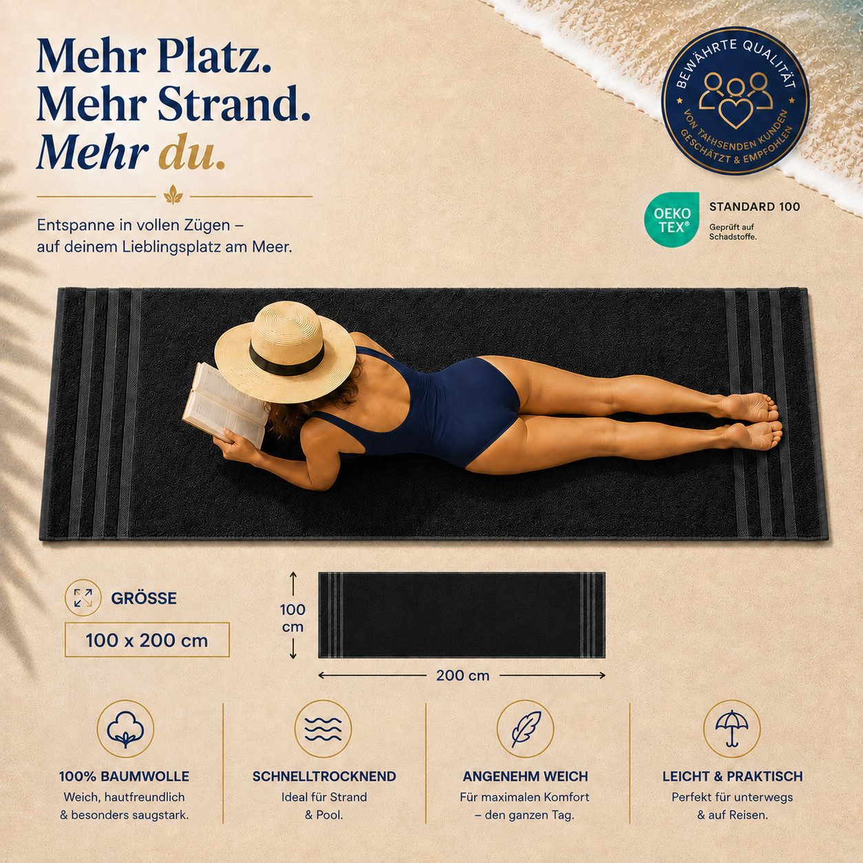 Komfortec Saunatuch 100x200 Extra Große XXL Premium Saunatuch, Unifarben (1-St), extra Große XXL, Schnelltrocknend, Frottee, Weich, Baumwolle – Bild 3 von 5