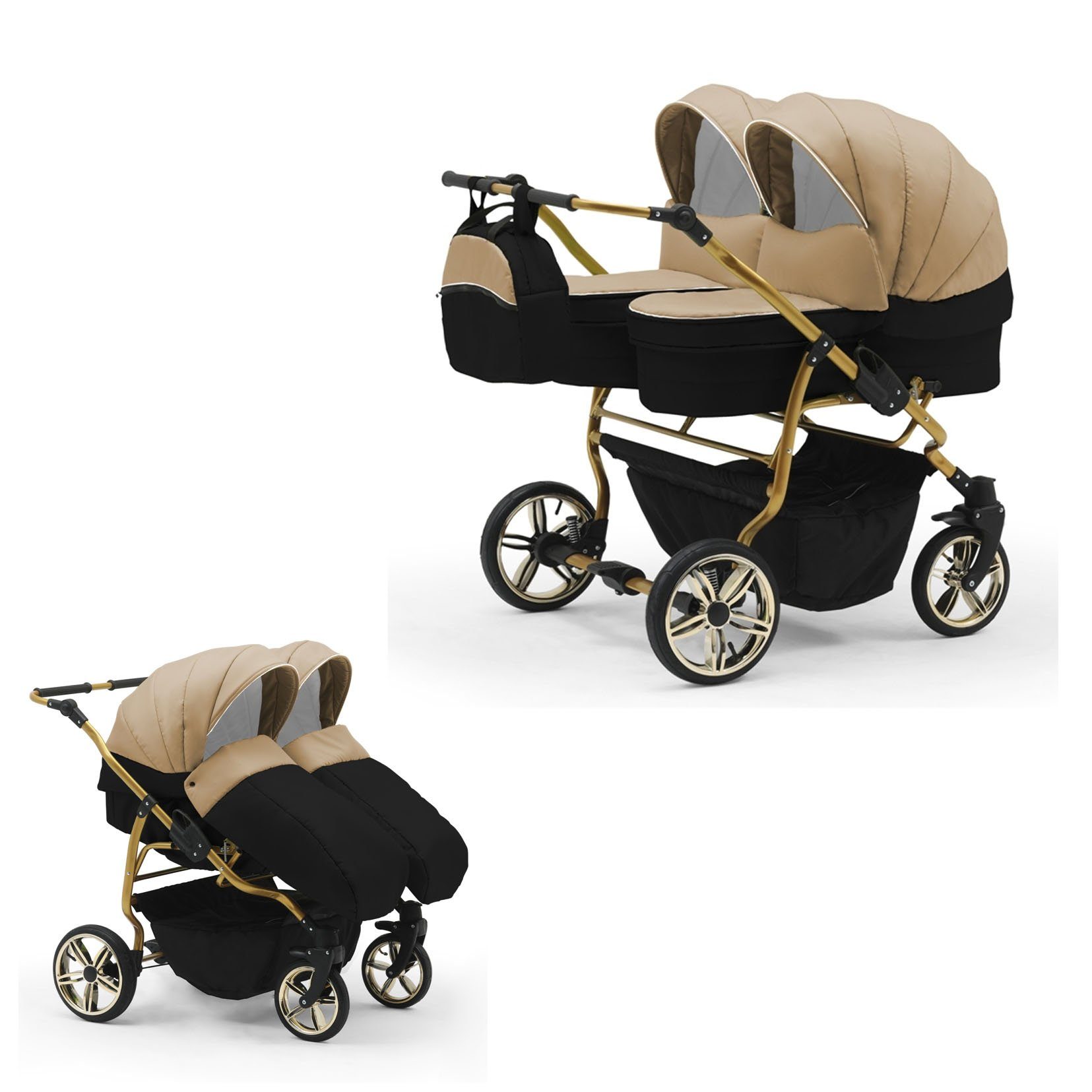 babies-on-wheels Zwillingswagen Zwillingskinderwagen 2 in 1 Duet Lux - 10 Teile - in 33 Farben Cappu-Schwarz