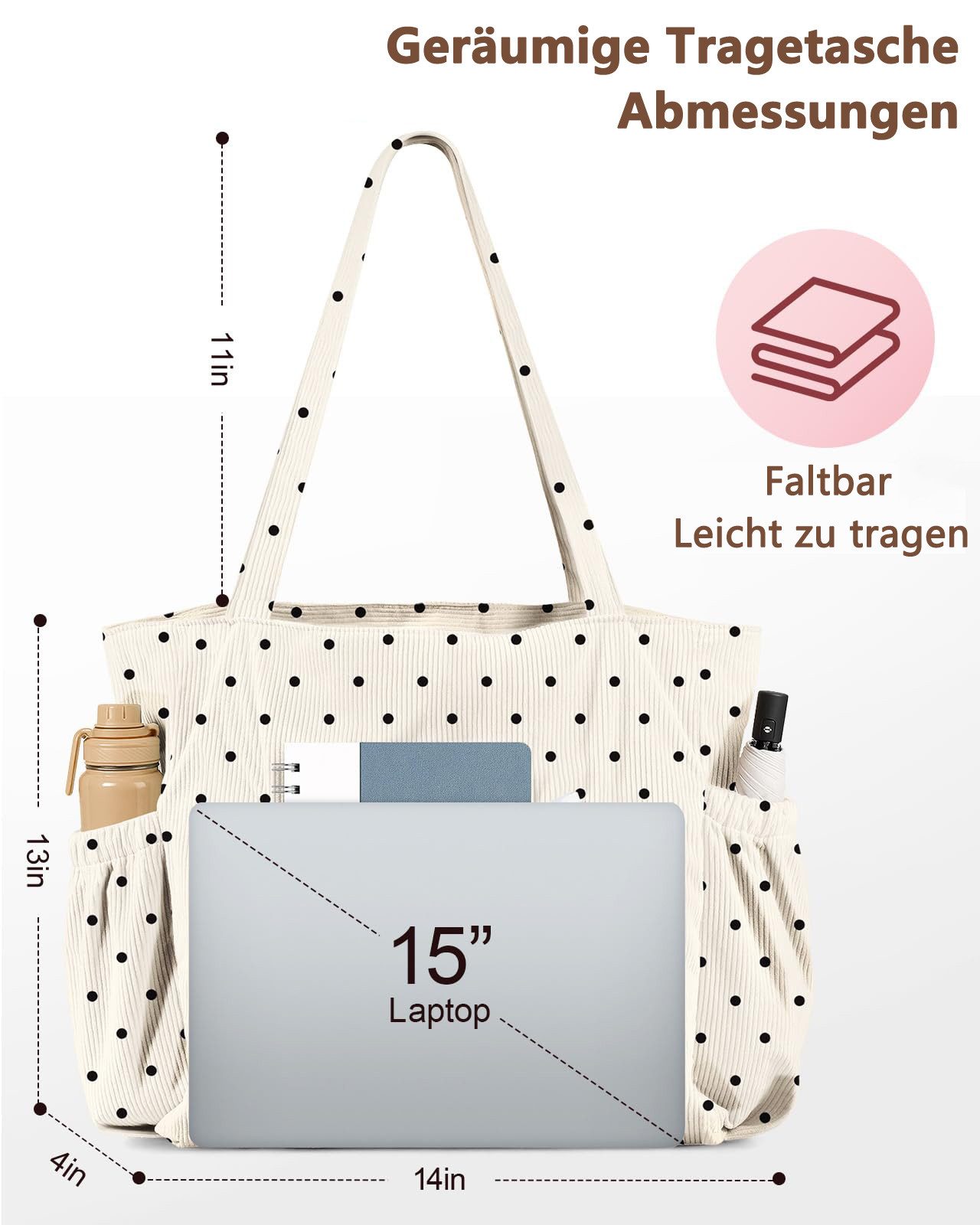 nsihing Umhängetasche Cord Tasche Damen, Groß Tote Bag Strandtasche mit Reißverschluss, Shopper Tasche, Elegant Handtasche für Arbeit Schule Gym – Bild 4 von 5