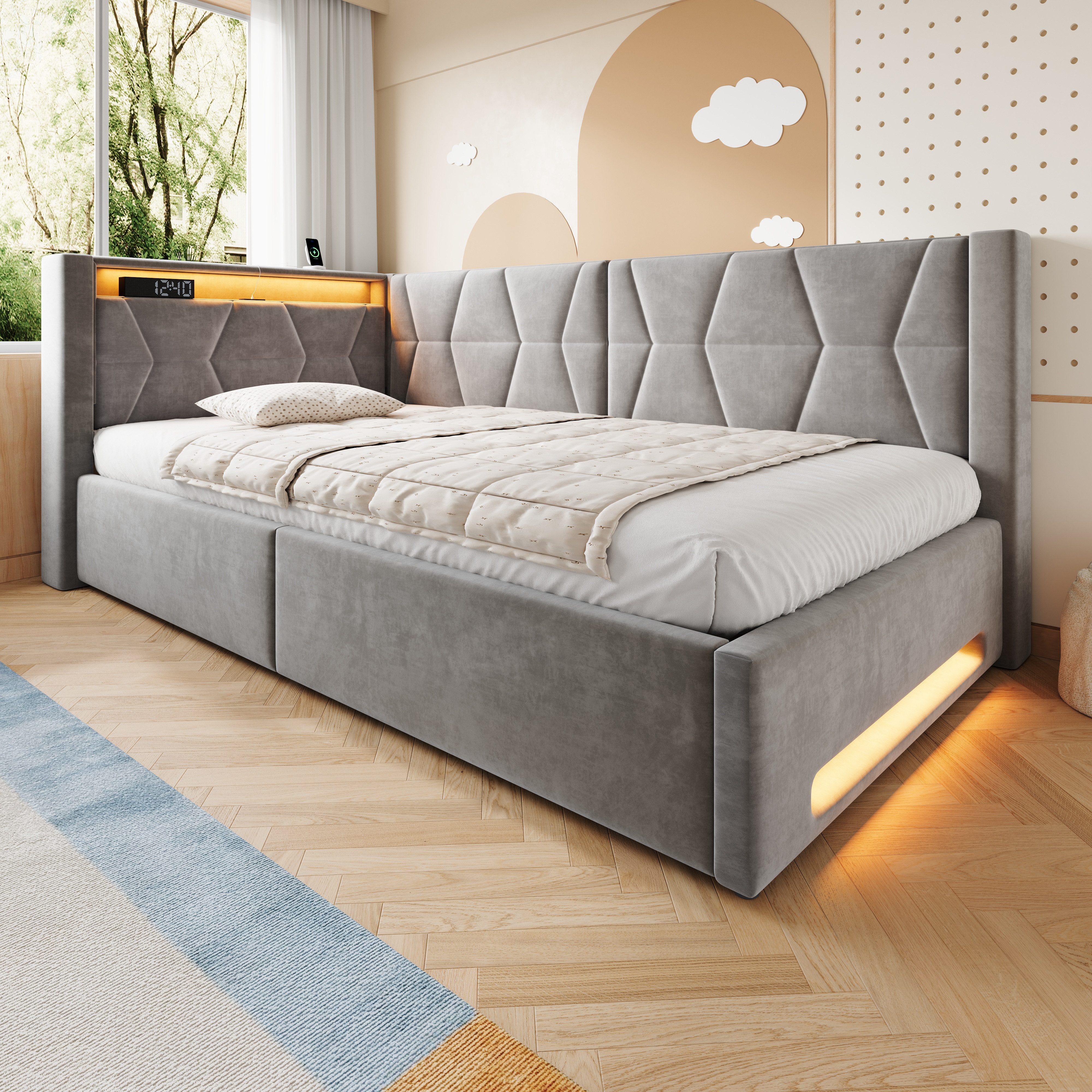 TavilaEcon Polsterbett Samtbett mit LED-Beleuchtung an Kopf- und Fußteil, USB & Type-C (1-tlg), mit Lattenrost, ohne Matratze, 90×200cm, grau