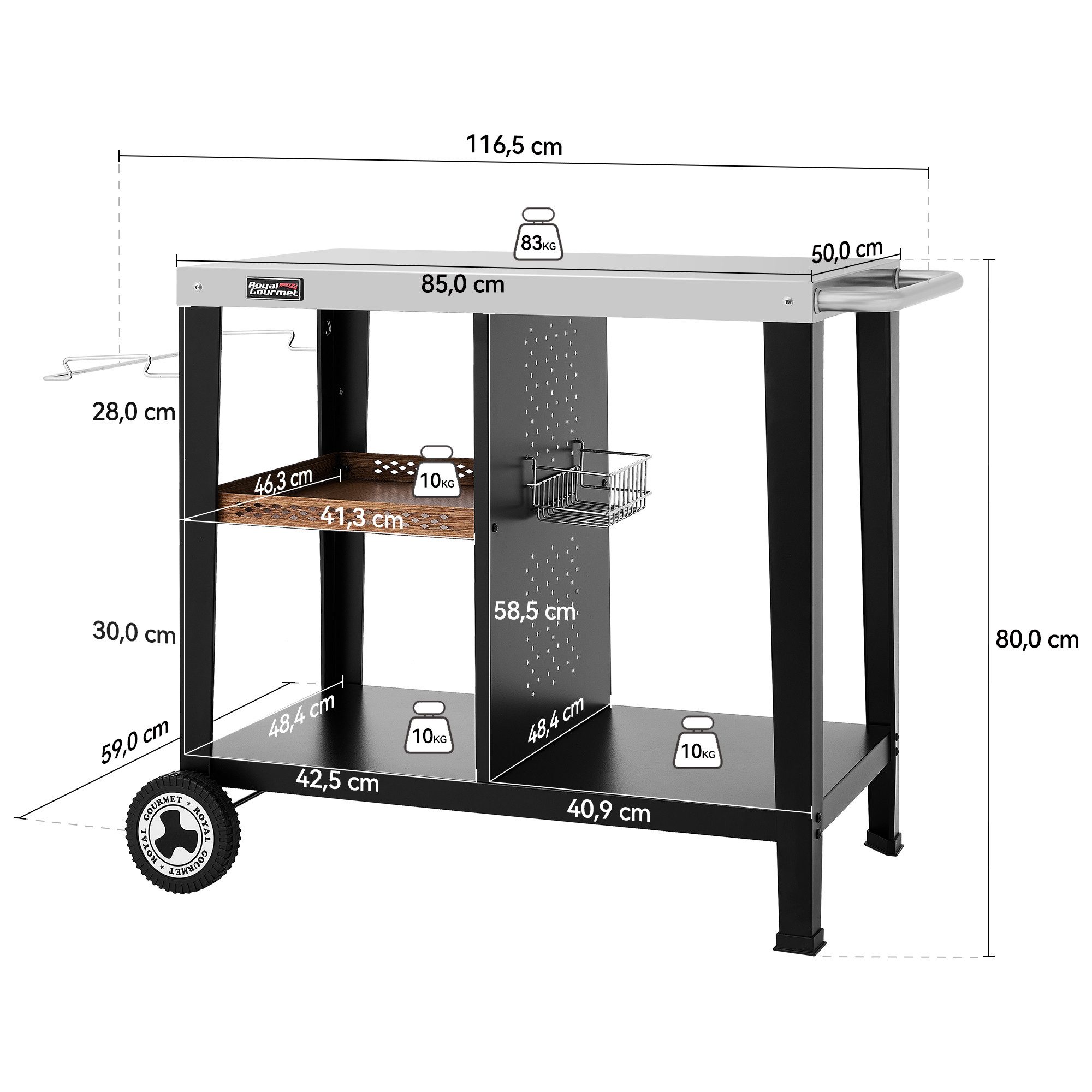 Royal Gourmet Grillablagetisch Grilltisch mit 85x50 cm Edelstahlplatte, 3-Etage Grillwagen, Mobiler Mehrzweck-Küchenwagen