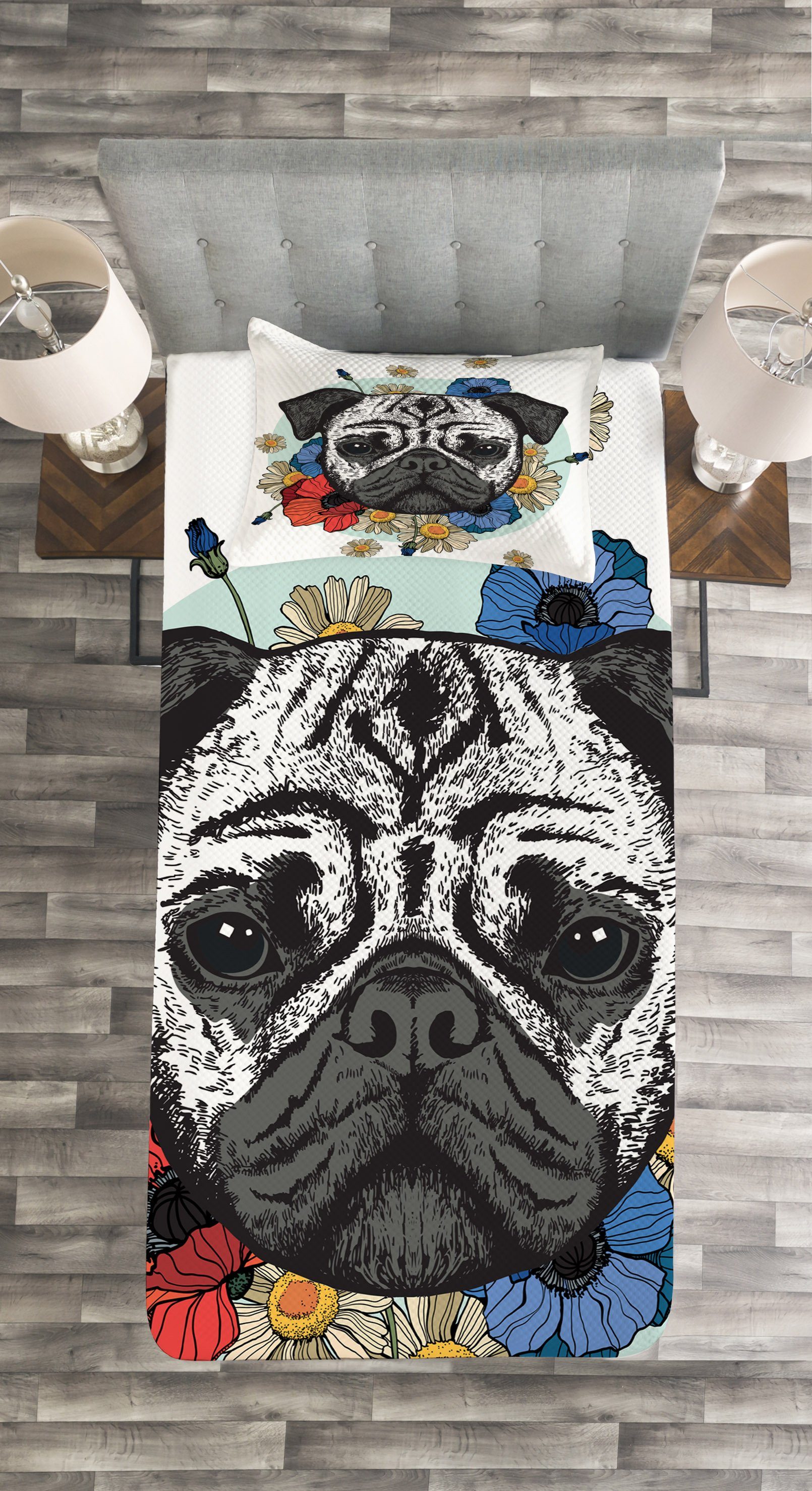 Waschbar, Abakuhaus, Kissenbezügen mit Schwarzweiß-Bild Mops des Hundes Tagesdecke Kopf Set