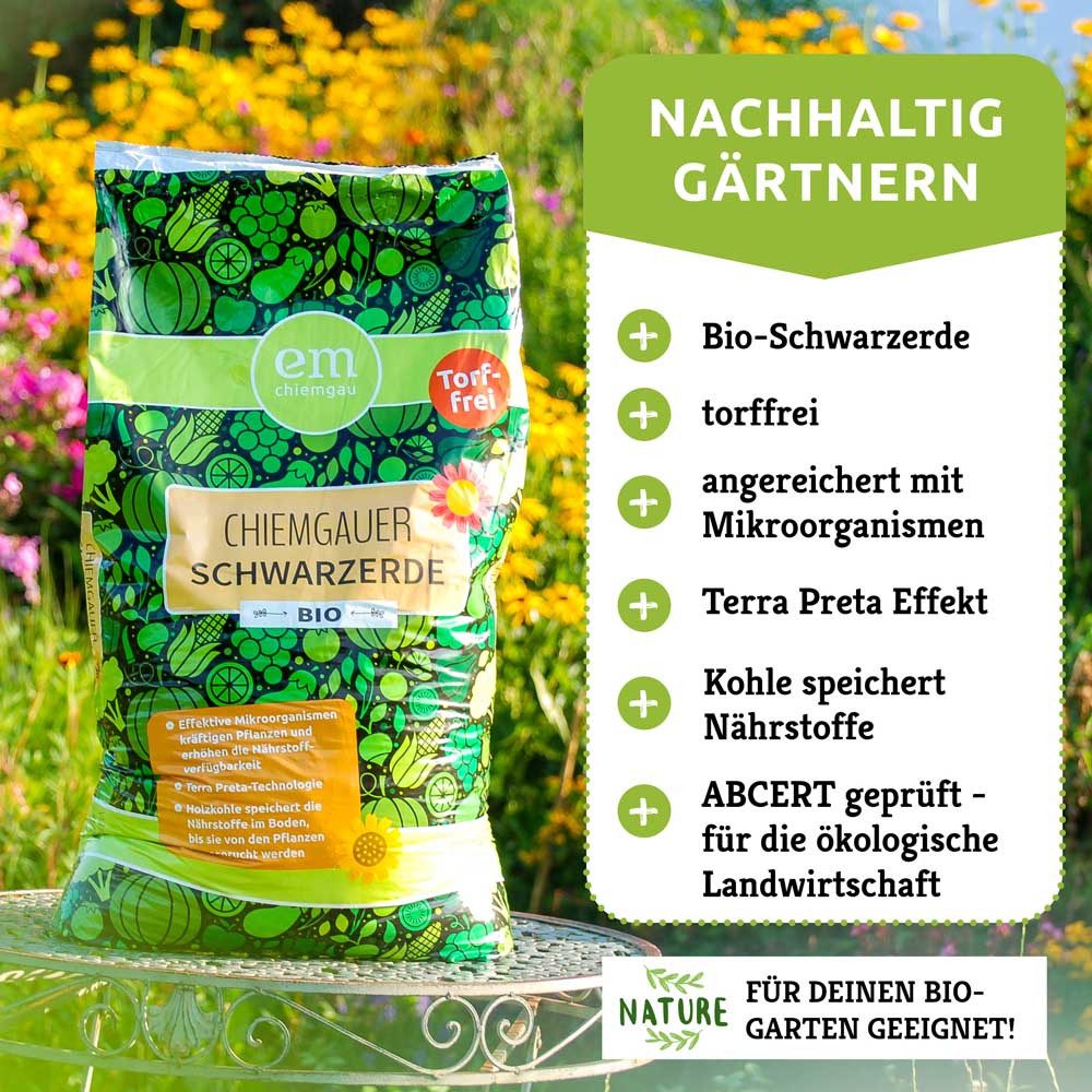 Fischer's EM-Chiemgau Bio-Erde Torffrei mit Pflanzenkohle & Schafwollpellets, mit Universal Dünger, für Nährstoffspeicherung mit effektiven Mikroorganismen, verbessert ausgelaugte Böden, nachhaltig, 40 L