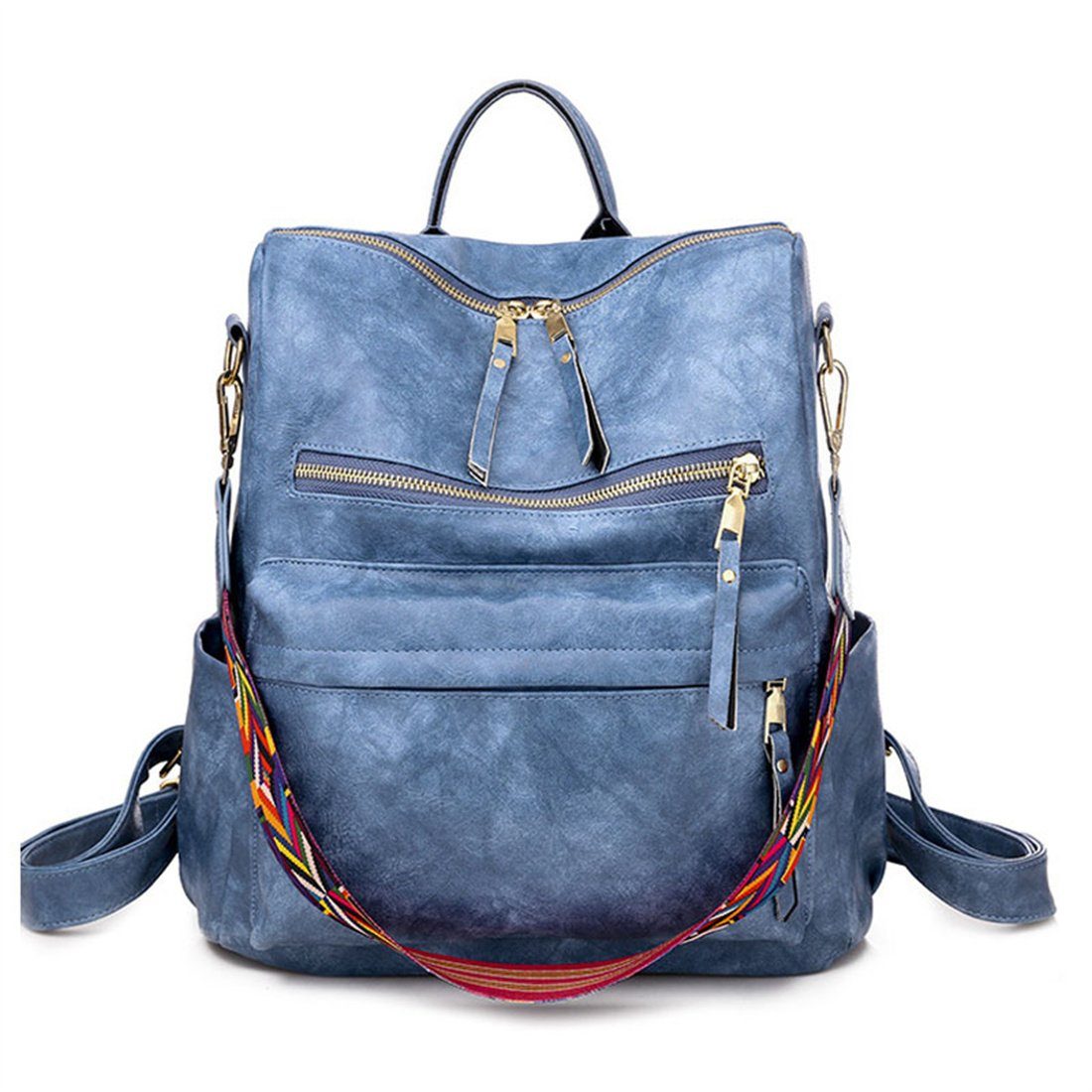 HNDSG Cityrucksack Damen Vintage Lackleder Umhängetasche, Travel Double Backpack blau