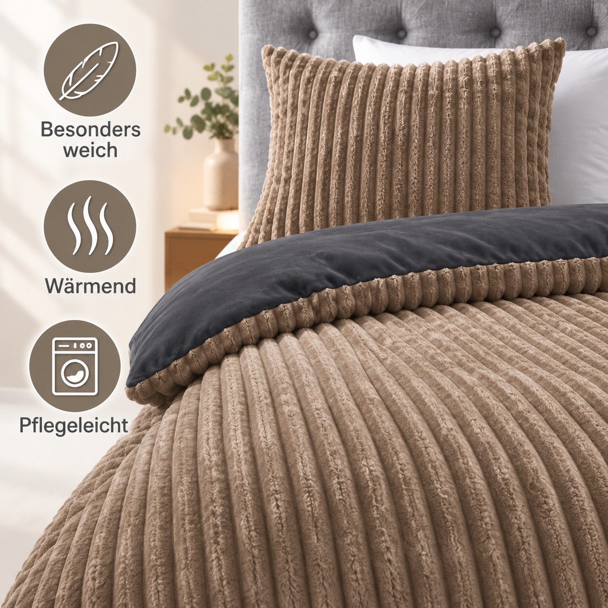 Leonado Vicenti Bettwäsche Teddyplüsch Cord Optik, Fleece, 4 teilig, extra warm und kuschelig, Winterbettwäsche Cashmere Touch – Bild 3 von 5