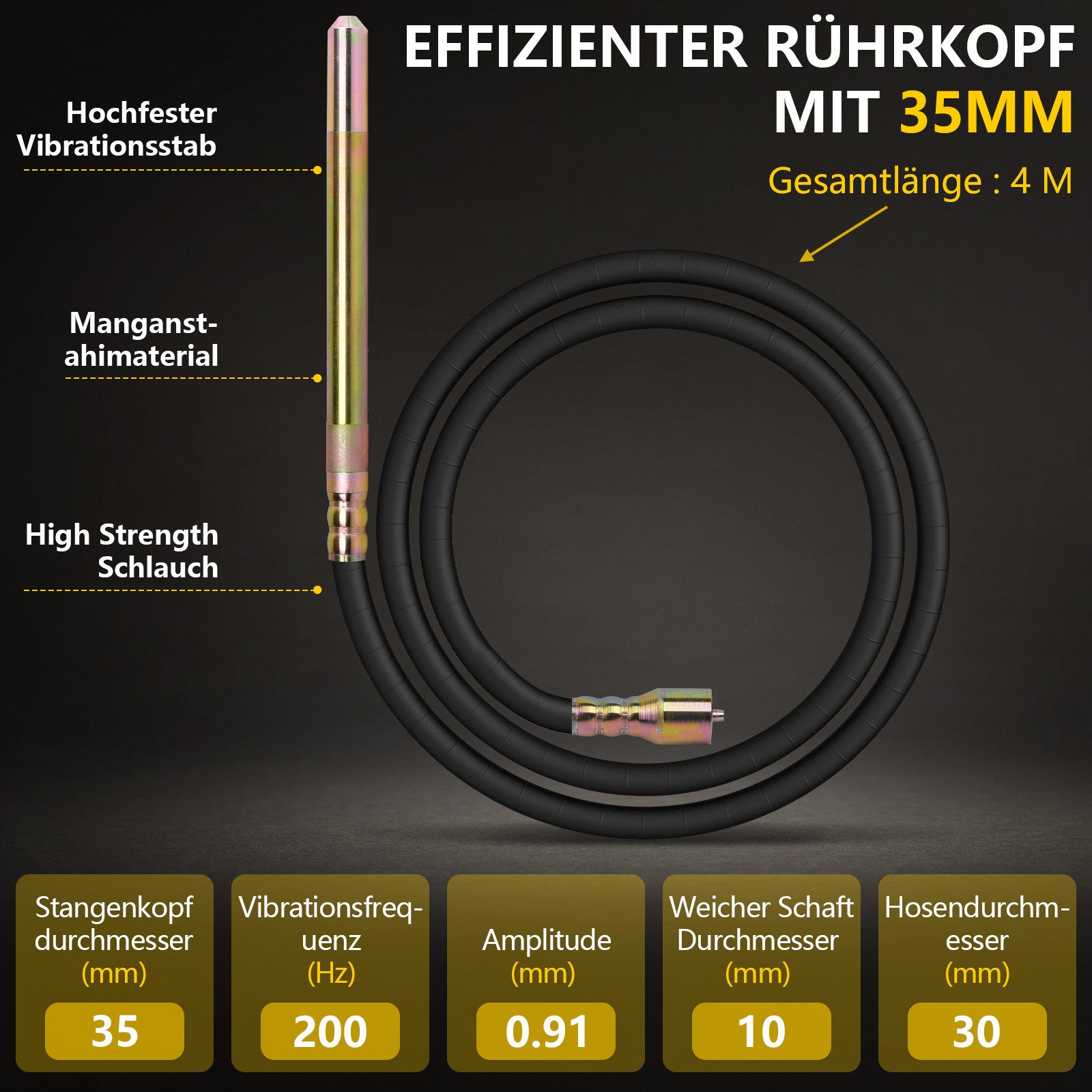XERSEK Betonmischer 3200W Betonrüttler mit Ø35mm Rüttelstab 4m Flexwelle Stoßfest Rahmen, (Motor + Weichwelle), 6800rpm, Isoliertes Aluminiumgehäuse, Elektrisch Betonverdichter