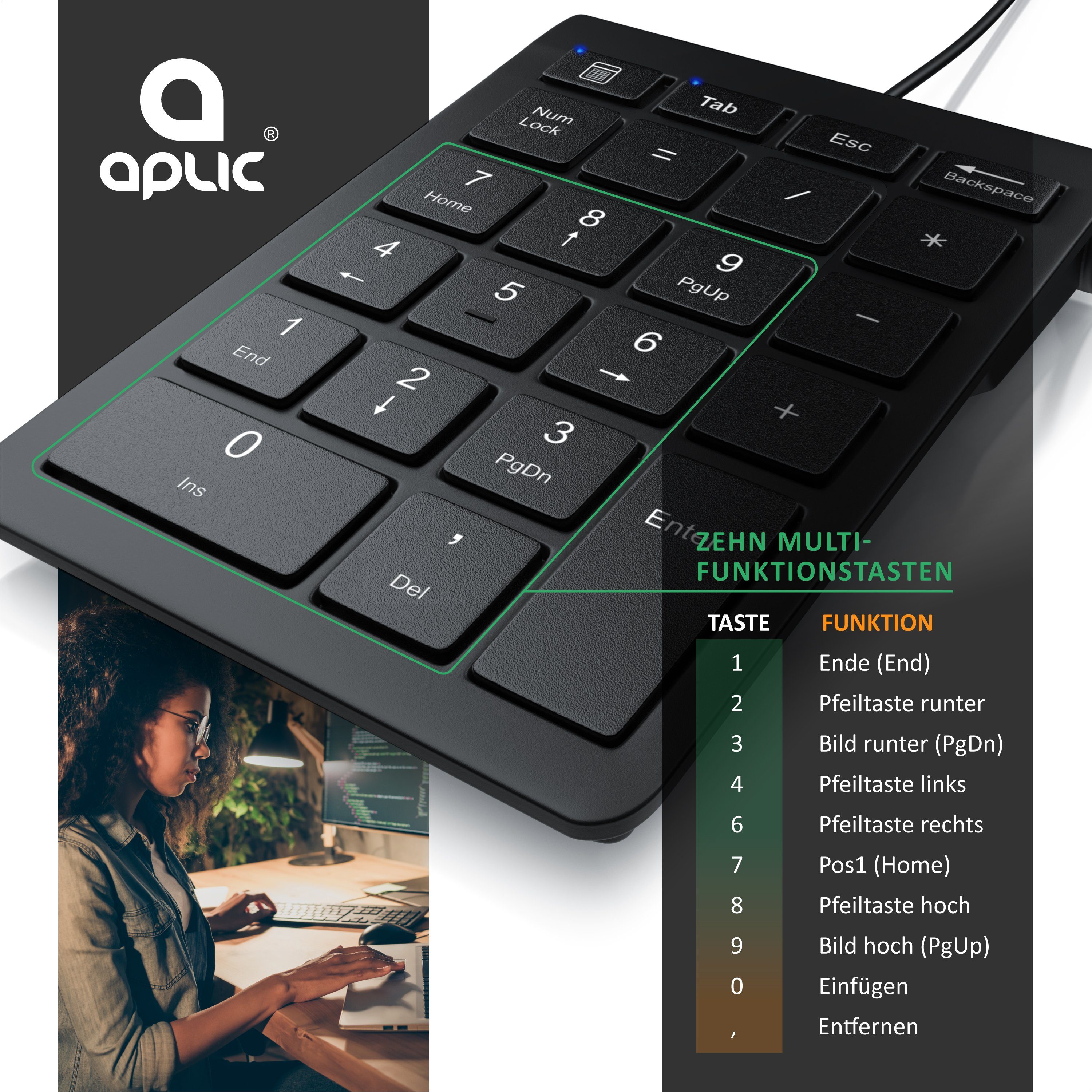 Aplic USB Keypad, Multimediatasten, rutschfest, vollständiges Numpad-Layout Tastatur (22 Tasten, Tastaturerweiterung für Laptop PC und Tablet, 1,5m Kabel)