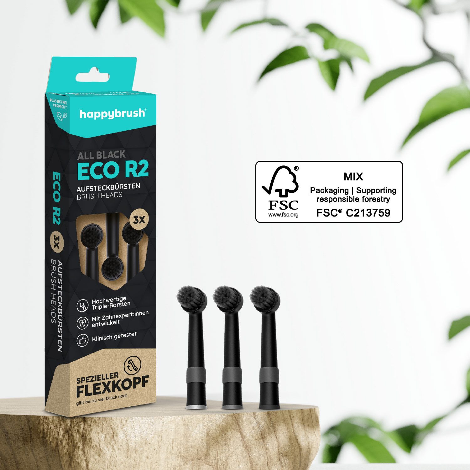 happybrush Aufsteckbürsten R2 AllBlack - mit Wechselindikator - 3x3 Stück - Spar-Set, für happbrush Eco R2, hochwertige Triple-Borsten, Wechselindikator