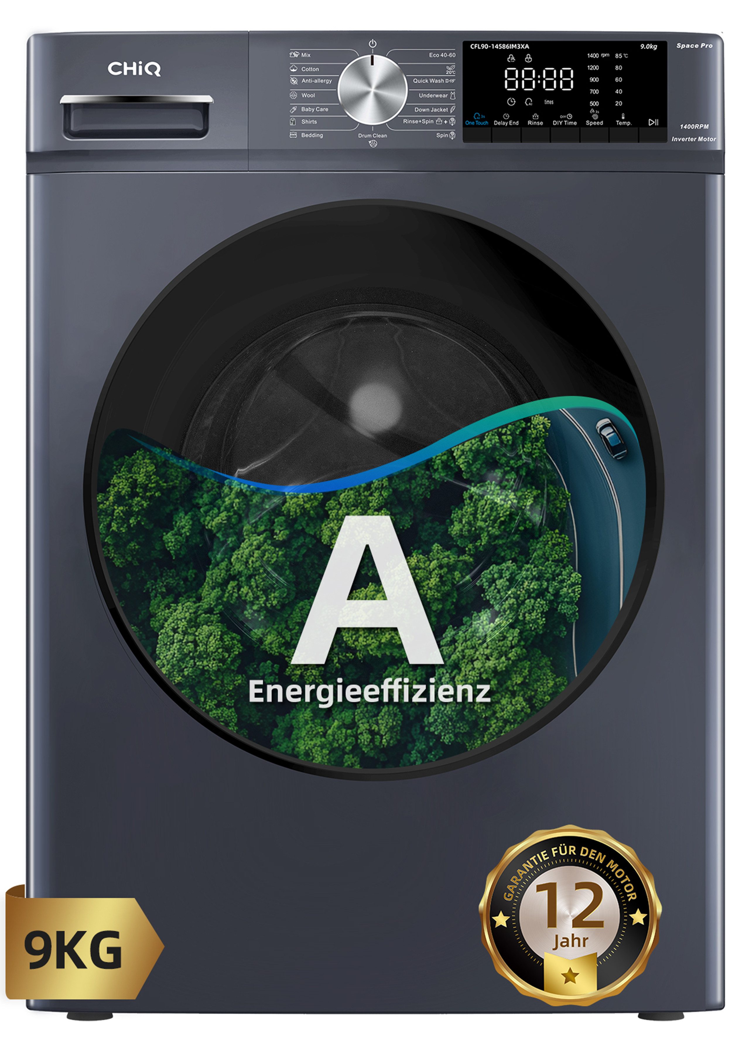 CHiQ Waschmaschine Space Pro Große Kapazität, 16 Programme, 9 kg, 1400 U/min, Inverter-Motor, Dampfwäsche, 12 Jahre Gratis Garantie auf den Motor