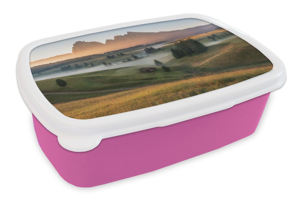 MuchoWow Lunchbox Berg - Nebel - Landschaft, Kunststoff, (2-tlg), Brotbox für Erwachsene, Brotdose Kinder, Snackbox, Mädchen, Kunststoff rosa