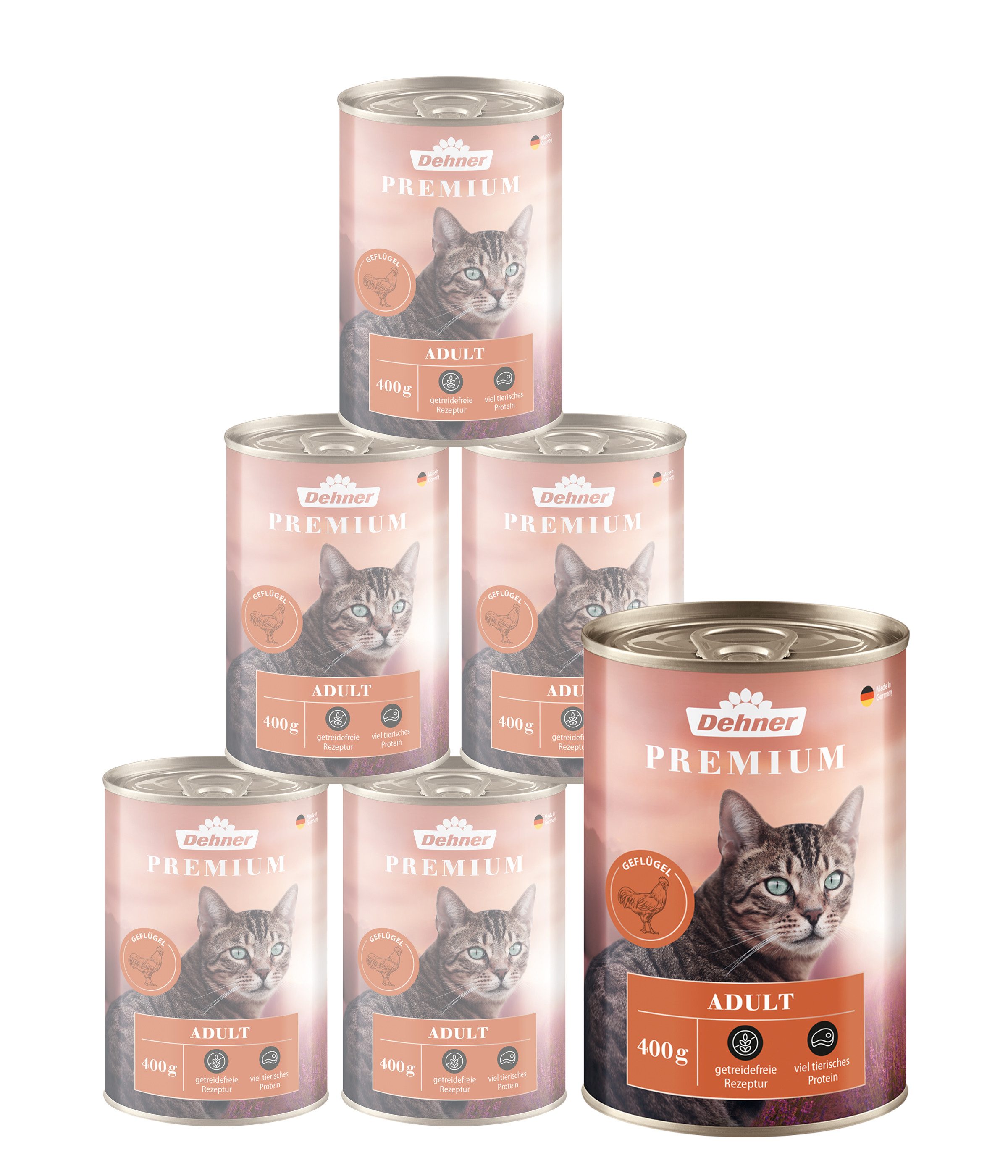 Dehner Premium Adult Geflügel, versch. Sorten, 6 x 400 g Dose (2.4 kg) Geflügel, 2400g, Nassfutter für ausgewachsene Katzen, getreidefrei