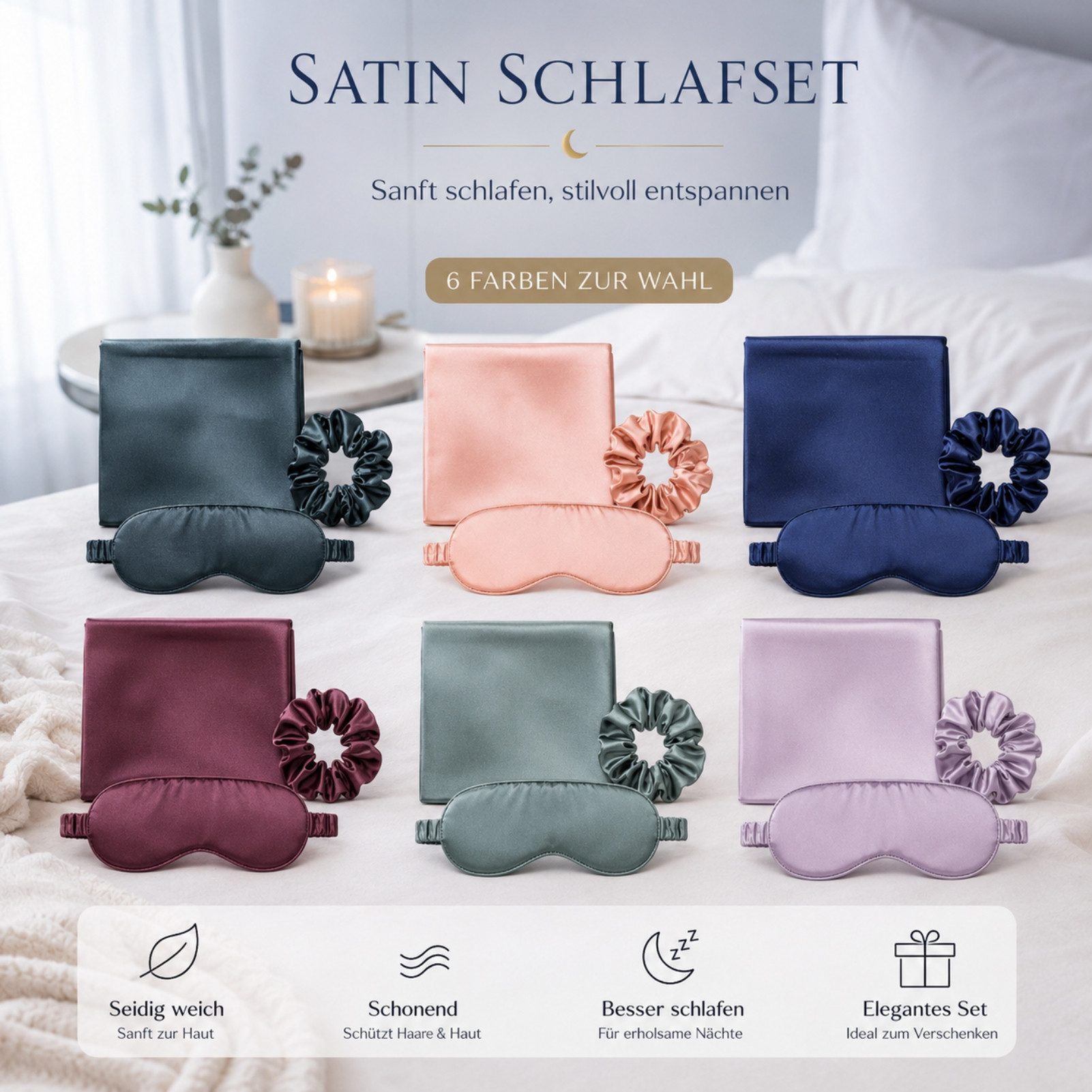 Jumpeak Schlafmaske Schlafmaske Frauen,Schlafmaske Seide,lichtdicht,Geburtstagsgeschenk, 3-teiliges Set, Schlafmaske Flugzeug, Schlafmaske,Haargummi,Kissenbezug aus Satin,schlaf fördernd,9 Farben