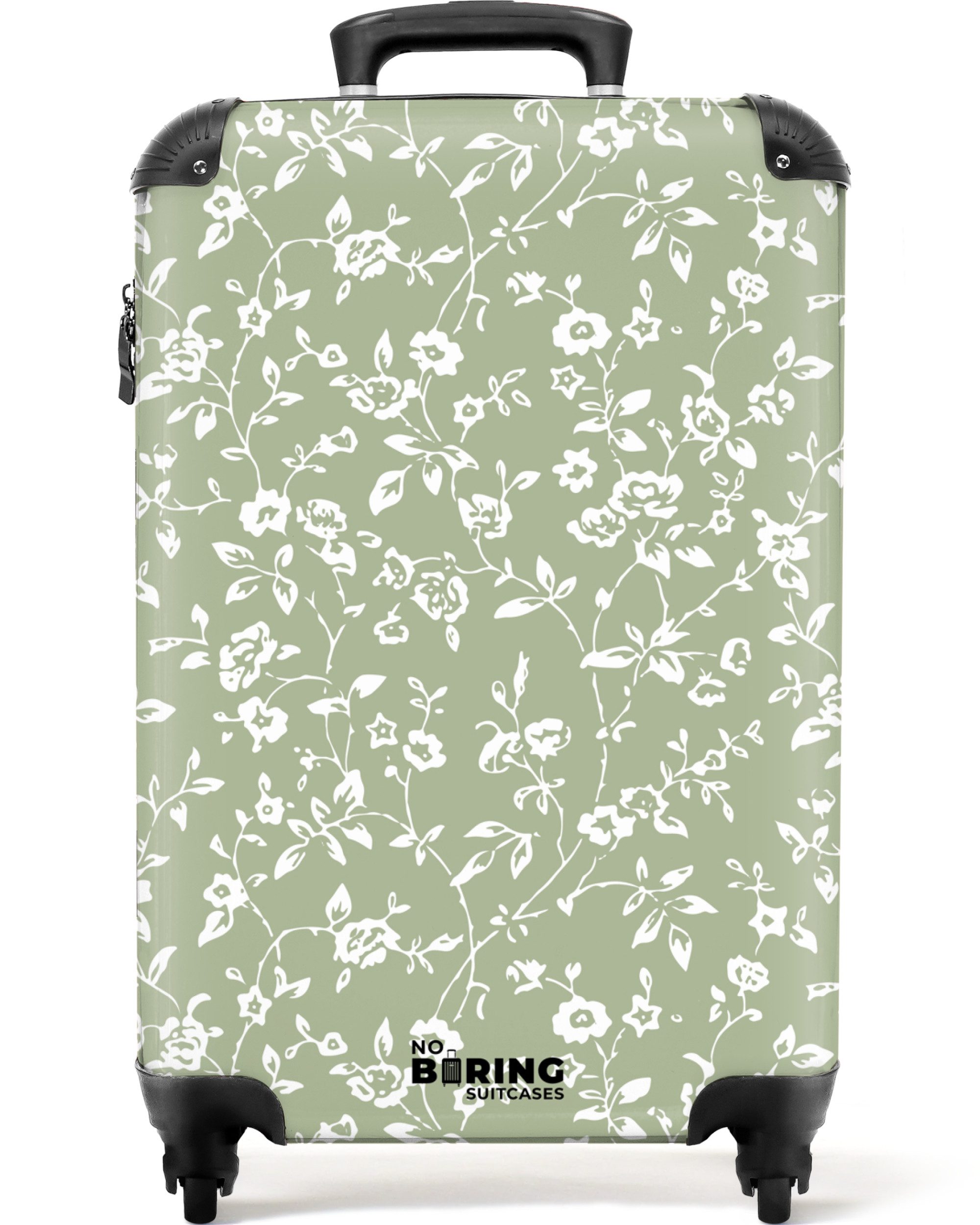 NoBoringSuitcases.com© Hartschalen-Trolley Hellgrün mit weißen Blüten günstig online kaufen