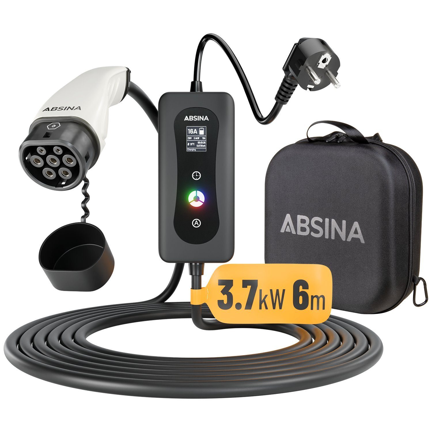 ABSINA Typ 2 Ladekabel 6 (1-tlg) 3,7 m, bis & Schuko 16A, einstellbar Ladeleistung Elektroauto-Ladegerät kW
