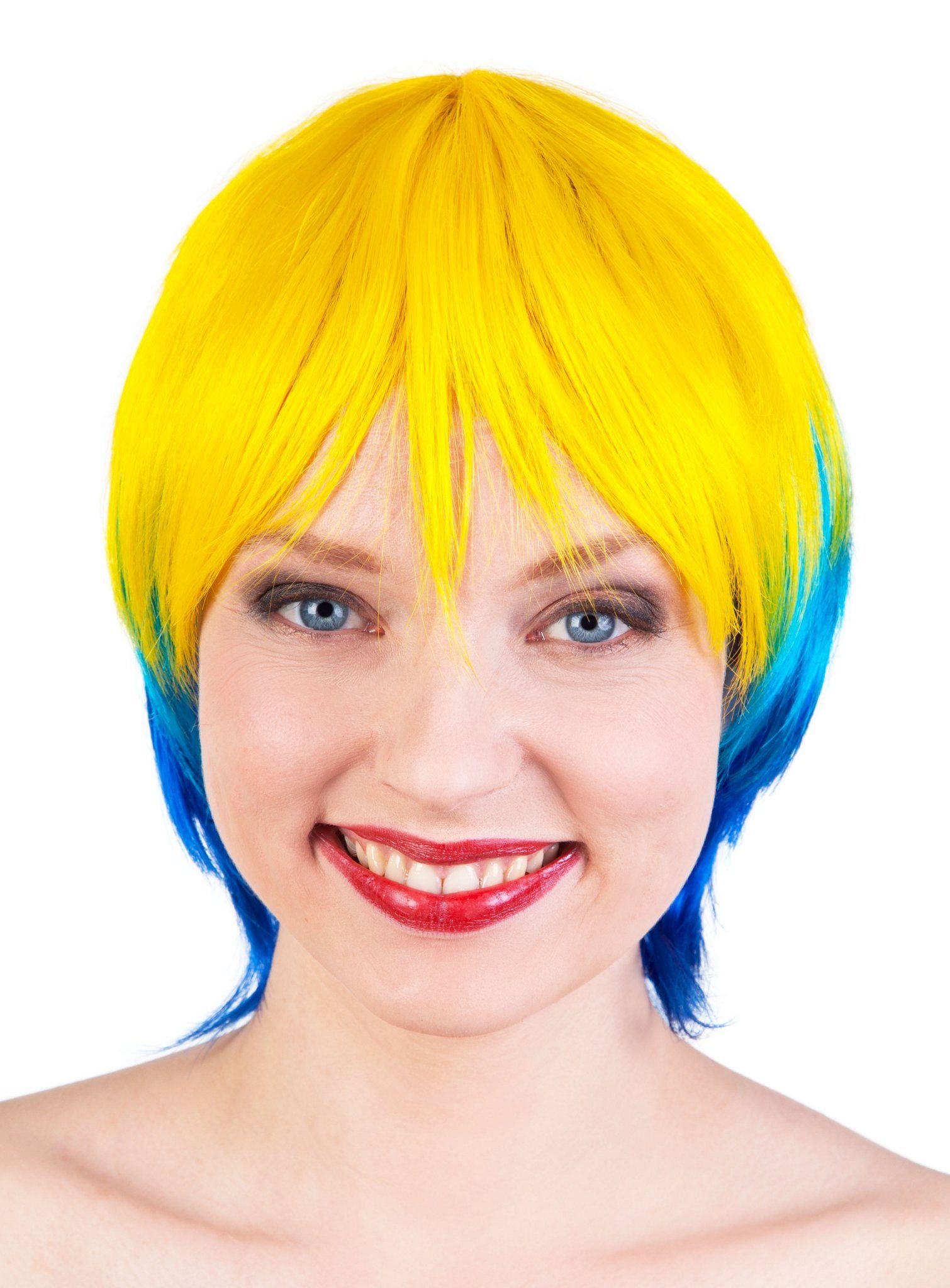 Maskworld Kostüm-Perücke Festival Perücke gelb-blau, Auffällige Perücke für farbenfrohe Auftritte