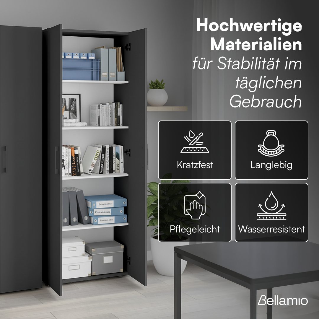 Bellamio Mehrzweckschrank Apol, Hochschrank aus Holz, Aufbewahrungsschrank (Schwarz) Aktenschrank mit 2 Türen & 5 Fächern, robust & kratzfest – Bild 5 von 5
