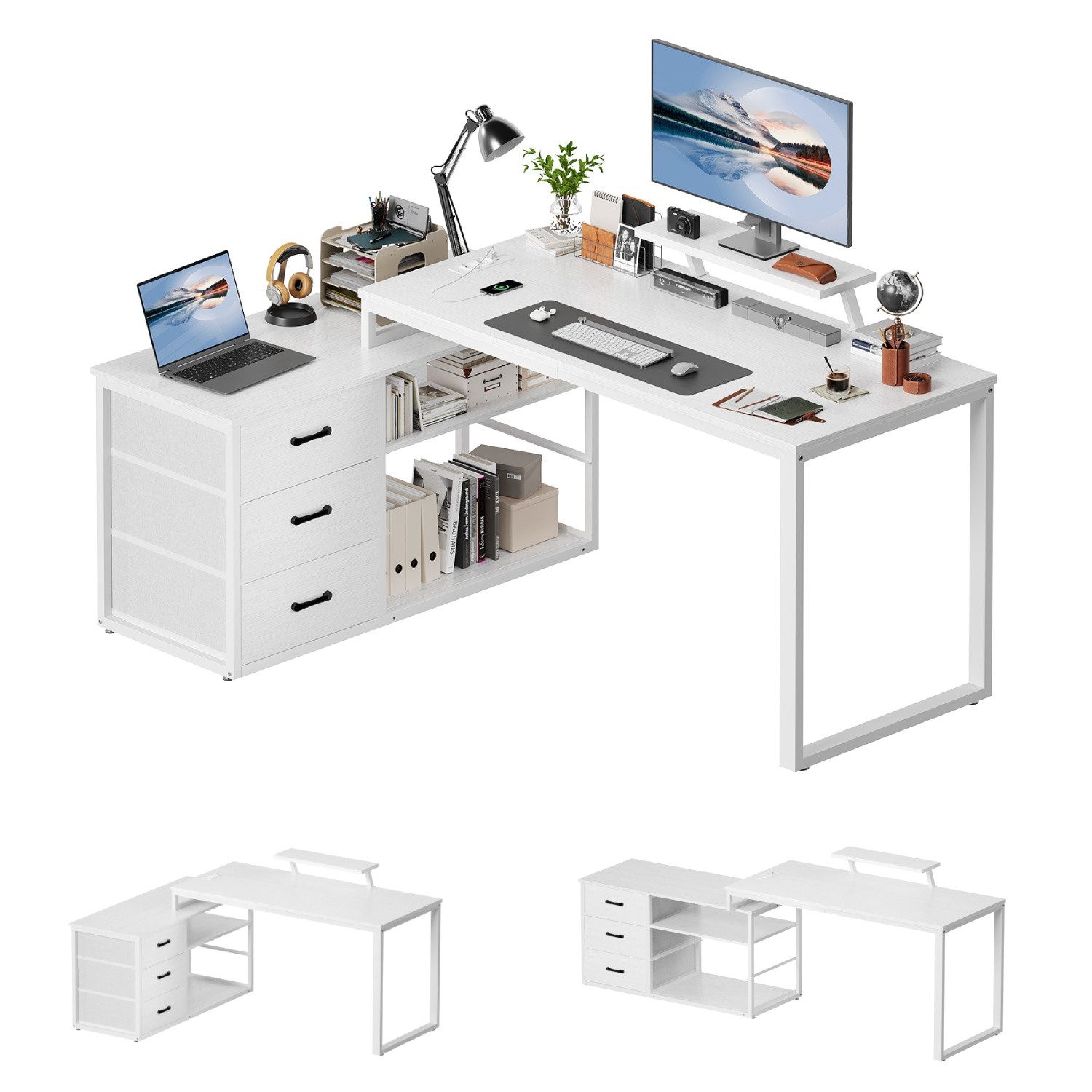 HOMALL Schreibtisch L-förmiger Eckschreibtisch mit USB-Anschluss und zwei Steckdosen. (140 x 100 x 75 cm, mit Monitorständer und Beleuchtung, L-förmiger Schreibtisch/Gaming-Tisch, umwandelbar in einen I-förmigen Schreibtisch, mit drei Schubladen und zwei Fächern)