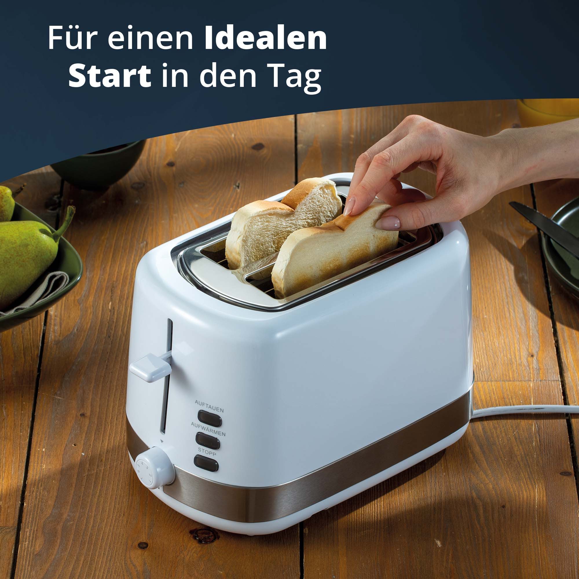 KHG Toaster Weiß, Auftau- und Aufwärmfunktion, 7 stufenlose Bräunungsstufen, 2 kurze Schlitze, für 2 Scheiben, 850 W, Edelstahl, Brötchenaufsatz, Krümelschublade