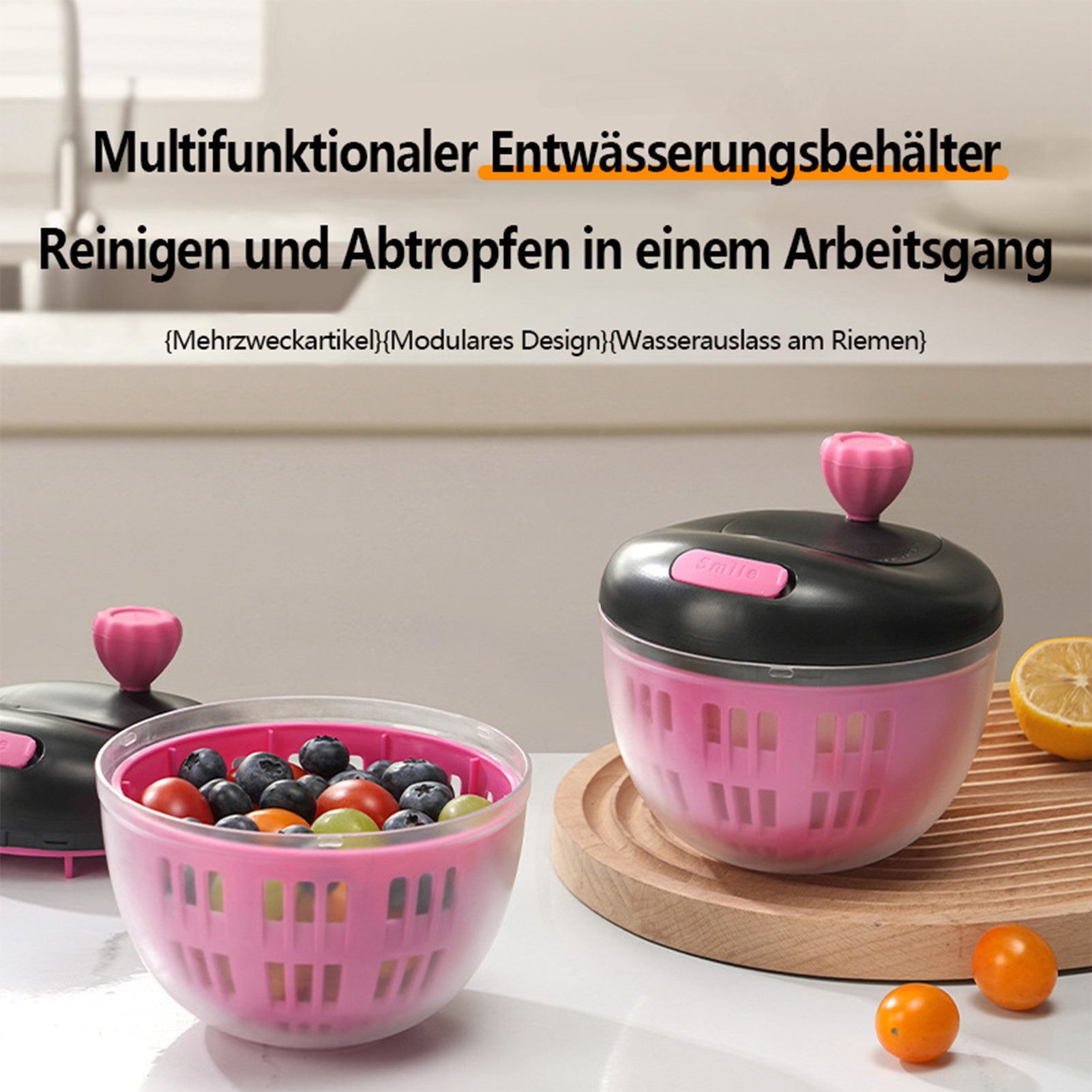 Jumpeak Salatschleuder handbetätigt,Abtropfen lassen,schnelltrocknend,Entwässerungsgerät, (Set, 1×Abtropfkorb, 1×Außenbehälter, 1×Deckel), Obst Und Gemüse Waschen,Schleudern,geruchsneutral,geruchsneutral