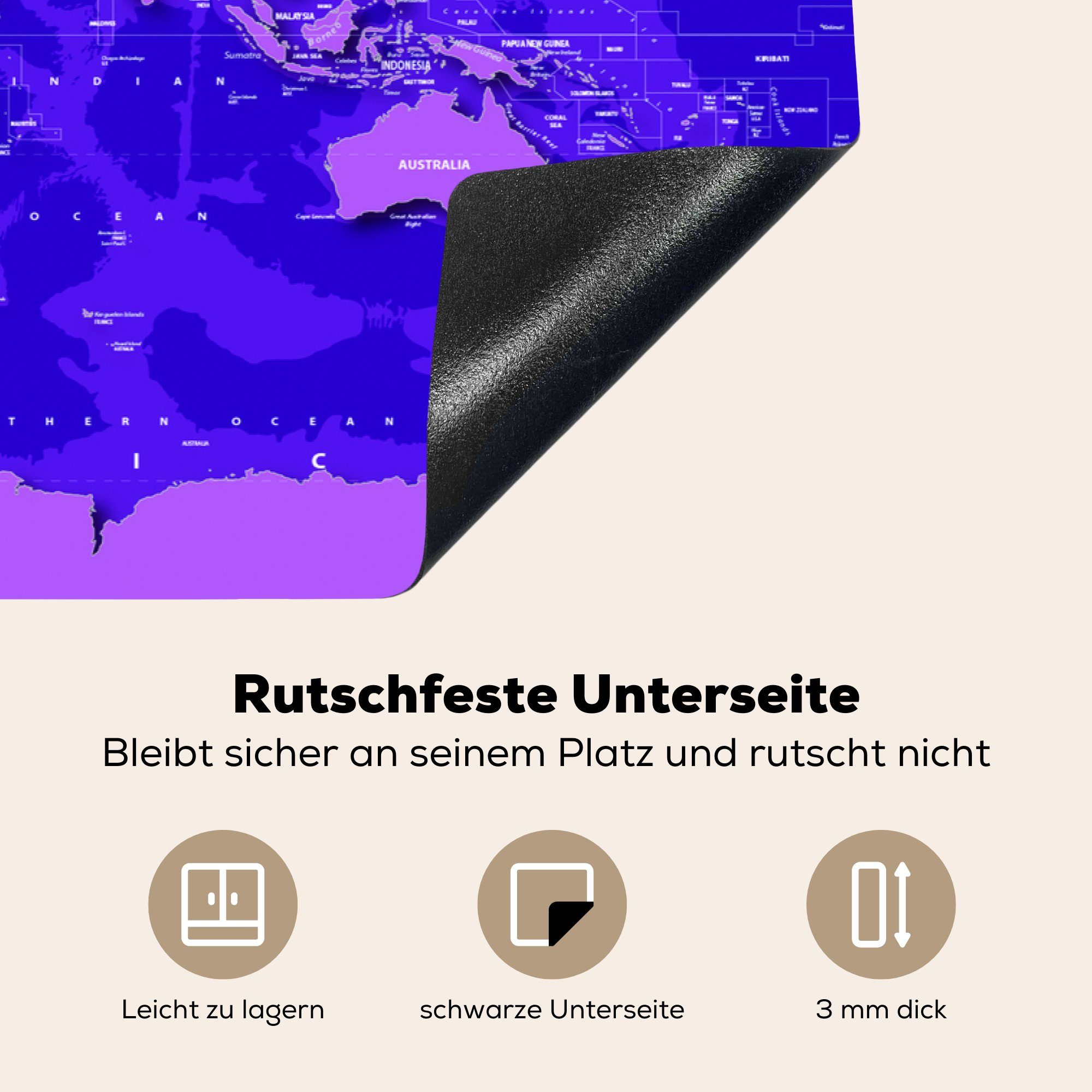 die Violett, küche, cm, Stabil Induktionskochfeld Weltkarte tlg), - Herdblende-/Abdeckplatte für (1 Vinyl, MuchoWow 81x52 Ceranfeldabdeckung Schutz -