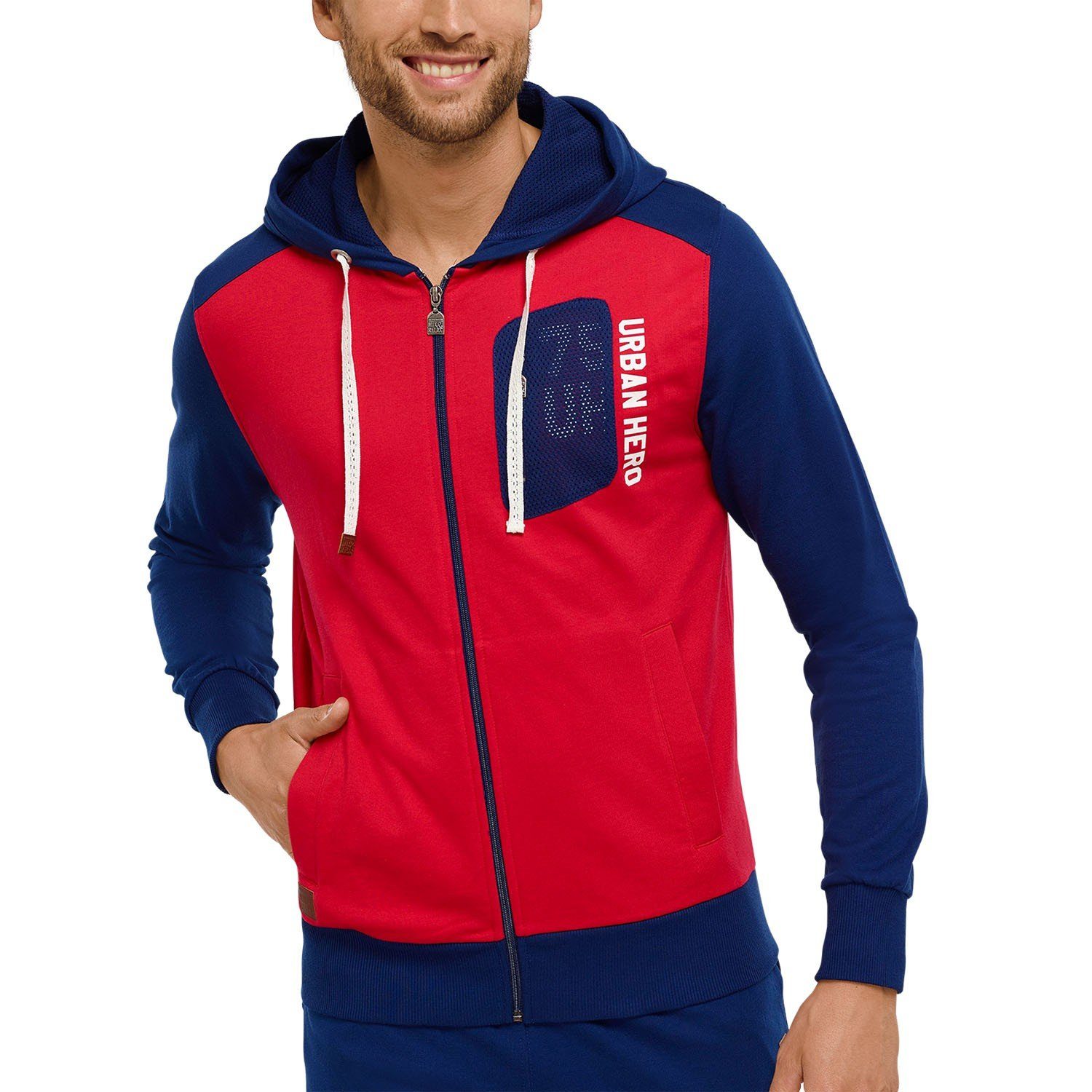 Schiesser Hausanzug Mix & Relax (Packung, 1 tlg., Set) Herren Jacke Langarm Freizeitjacke Sweatjacke Kapuzenjacke rot-blau