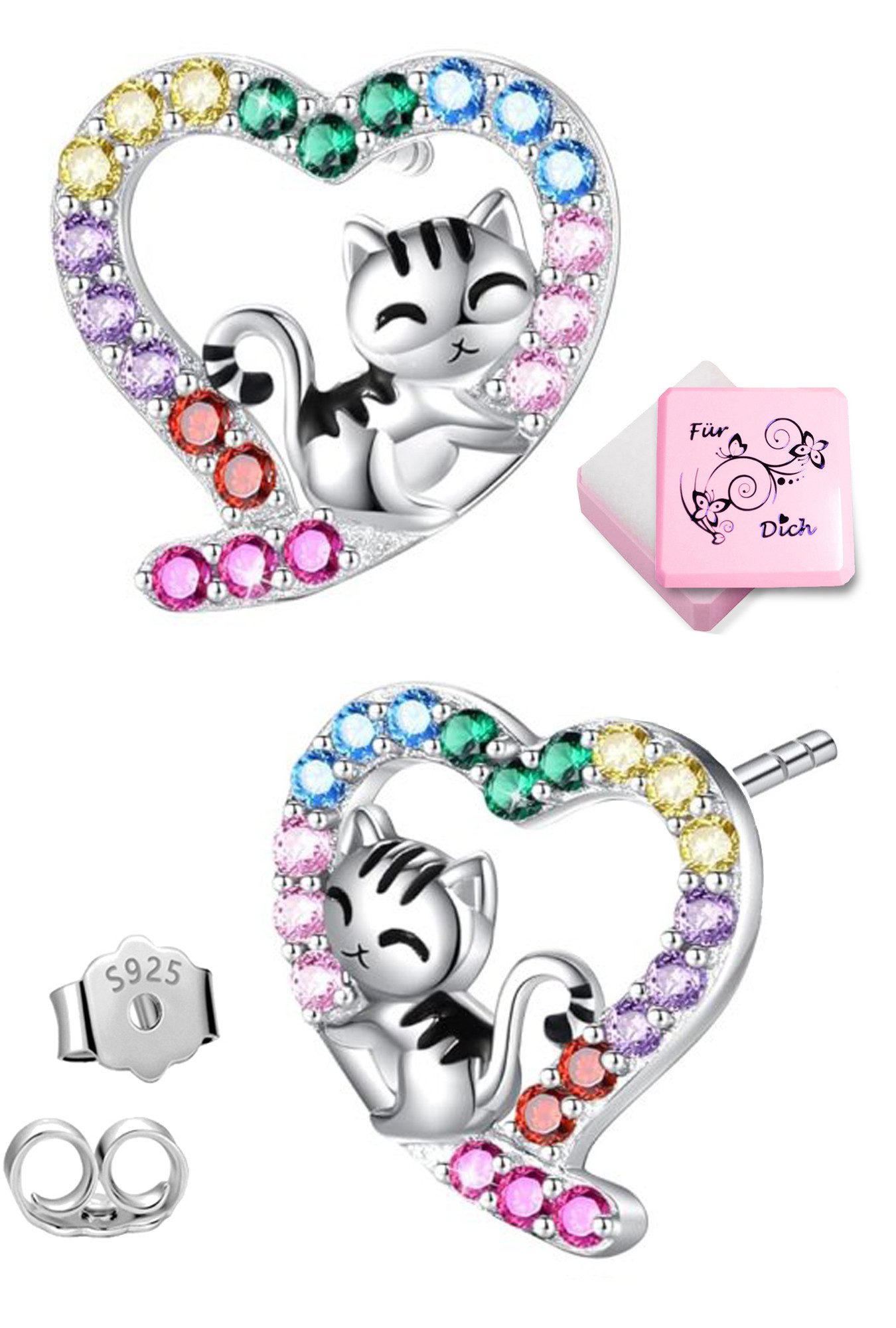Limana Paar Ohrstecker süße Katzen Herz Mädchen Ohrringe 925 Silber bunte Zirkonia (Kinder Schmuck Geschenk-Idee inkl. Dose), Einschulung Ostern Weihnachten Geb – Bild 5 von 5