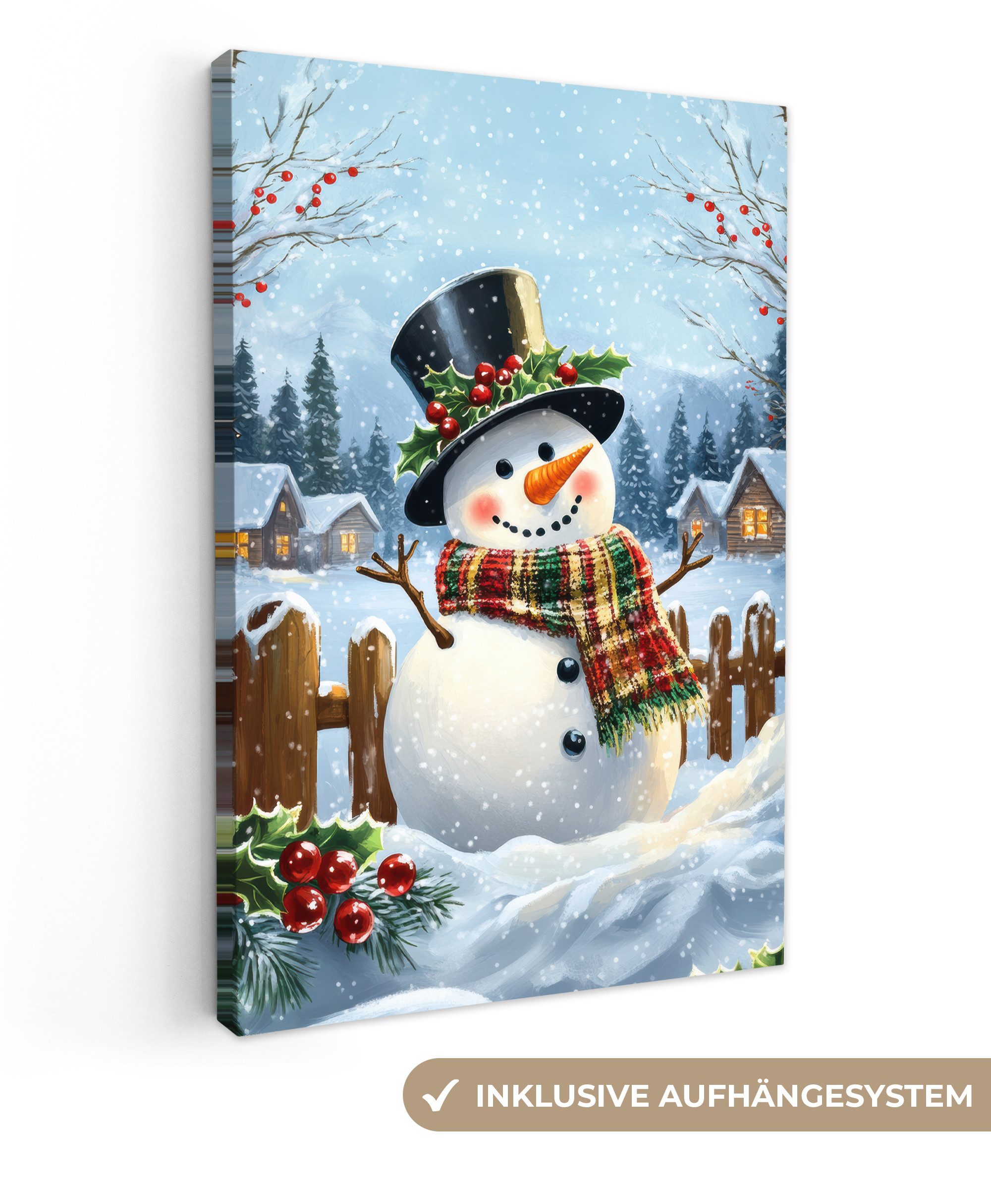 OneMillionCanvasses® Leinwandbild Schneemann - Winterdorf - Farbenfroh, Fot günstig online kaufen