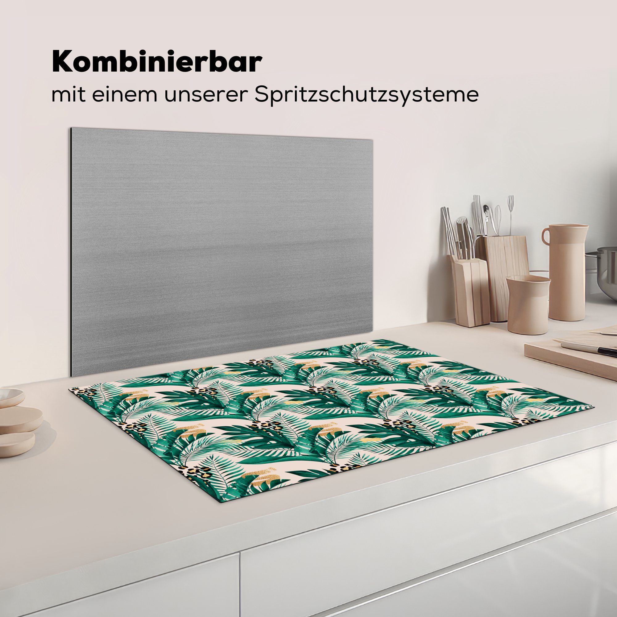 - - küche, 81x52 Pantherdruck tlg), Ceranfeldabdeckung Herdblende-/Abdeckplatte für Vinyl, die Palmenblatt MuchoWow (1 cm, Schutz Gold, Induktionskochfeld